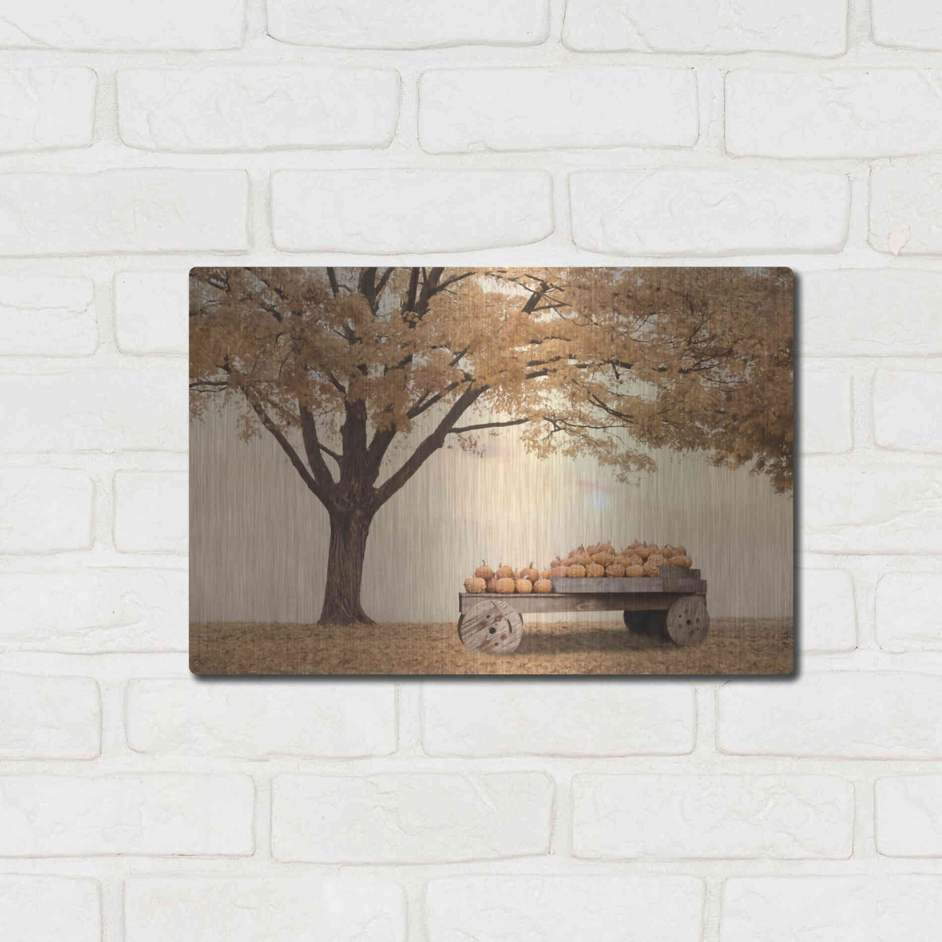 Luxe Metal Art 'Autumn Leaves and Pumpkins Please' by Lori Deiter, Metal Wall Art,16x12