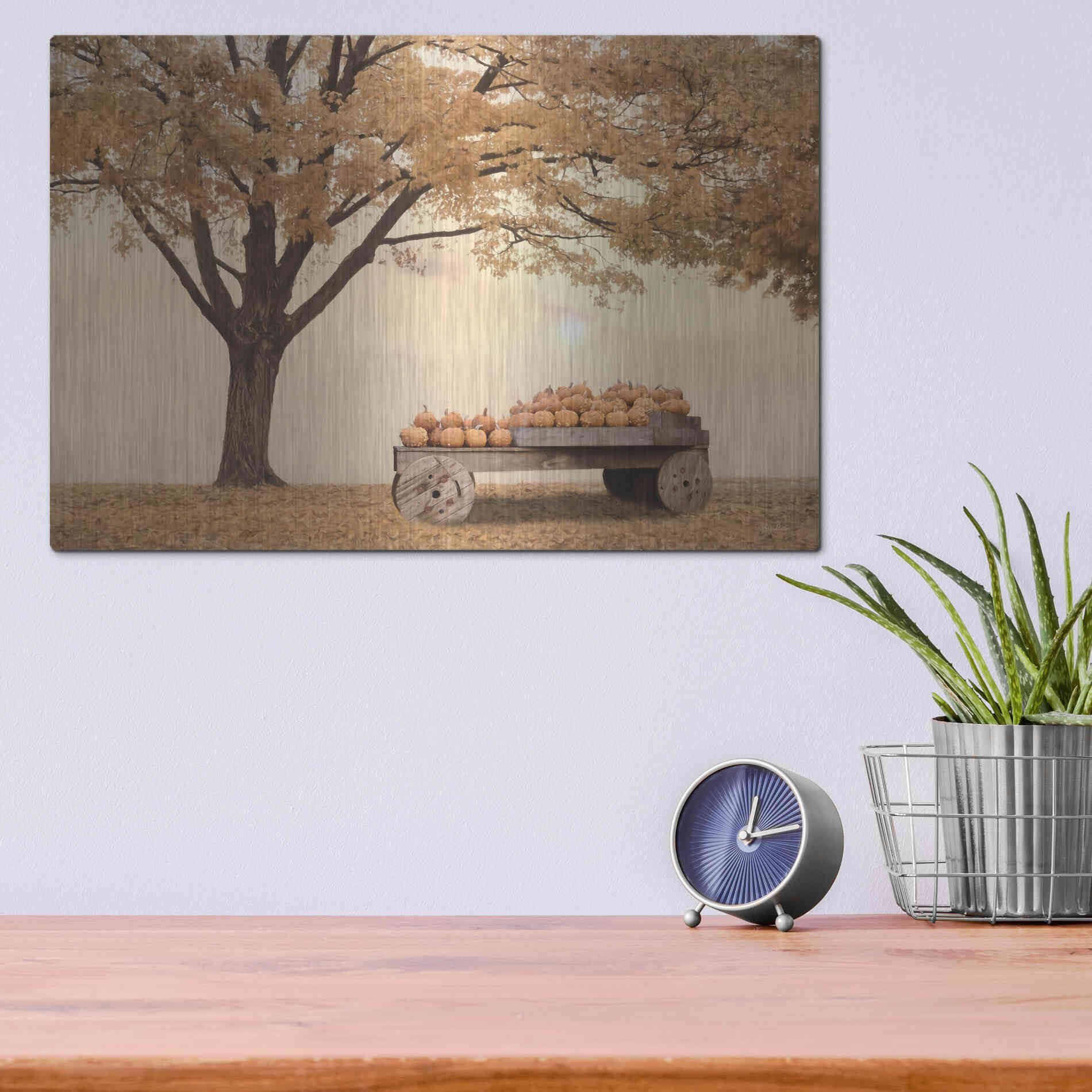 Luxe Metal Art 'Autumn Leaves and Pumpkins Please' by Lori Deiter, Metal Wall Art,16x12