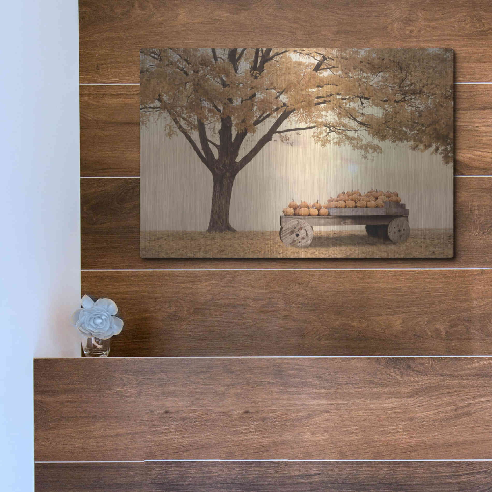 Luxe Metal Art 'Autumn Leaves and Pumpkins Please' by Lori Deiter, Metal Wall Art,16x12