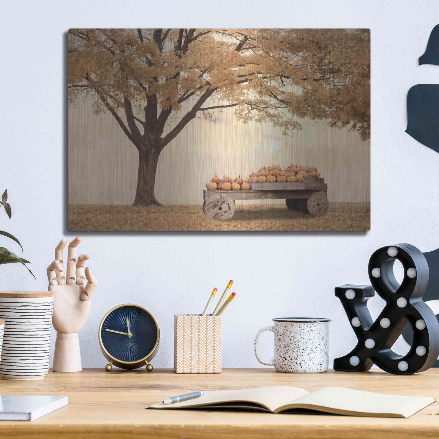 Luxe Metal Art 'Autumn Leaves and Pumpkins Please' by Lori Deiter, Metal Wall Art,16x12