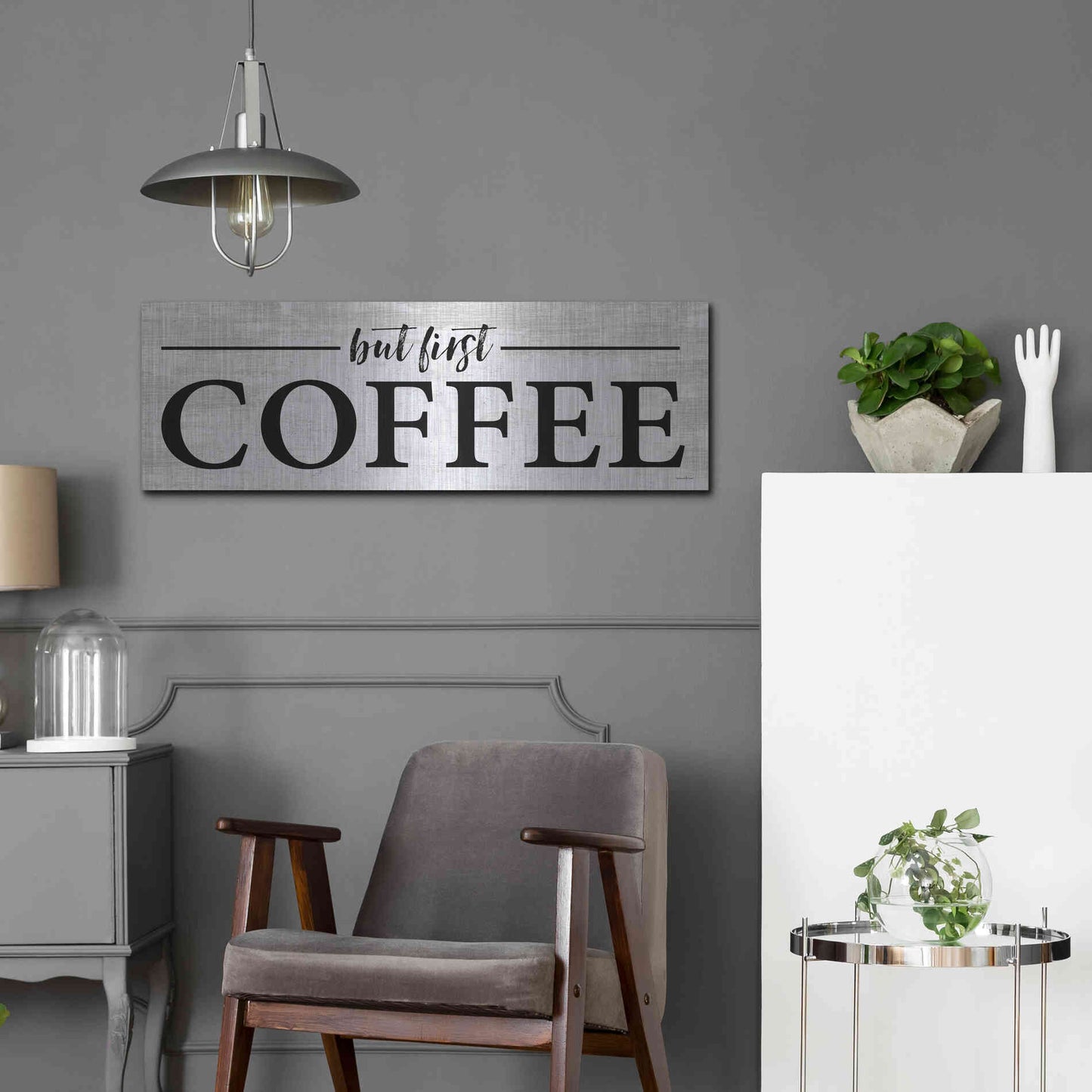 Luxe Metal Art 'But First Coffee I' by Lettered & Lined, Metal Wall Art,36x12