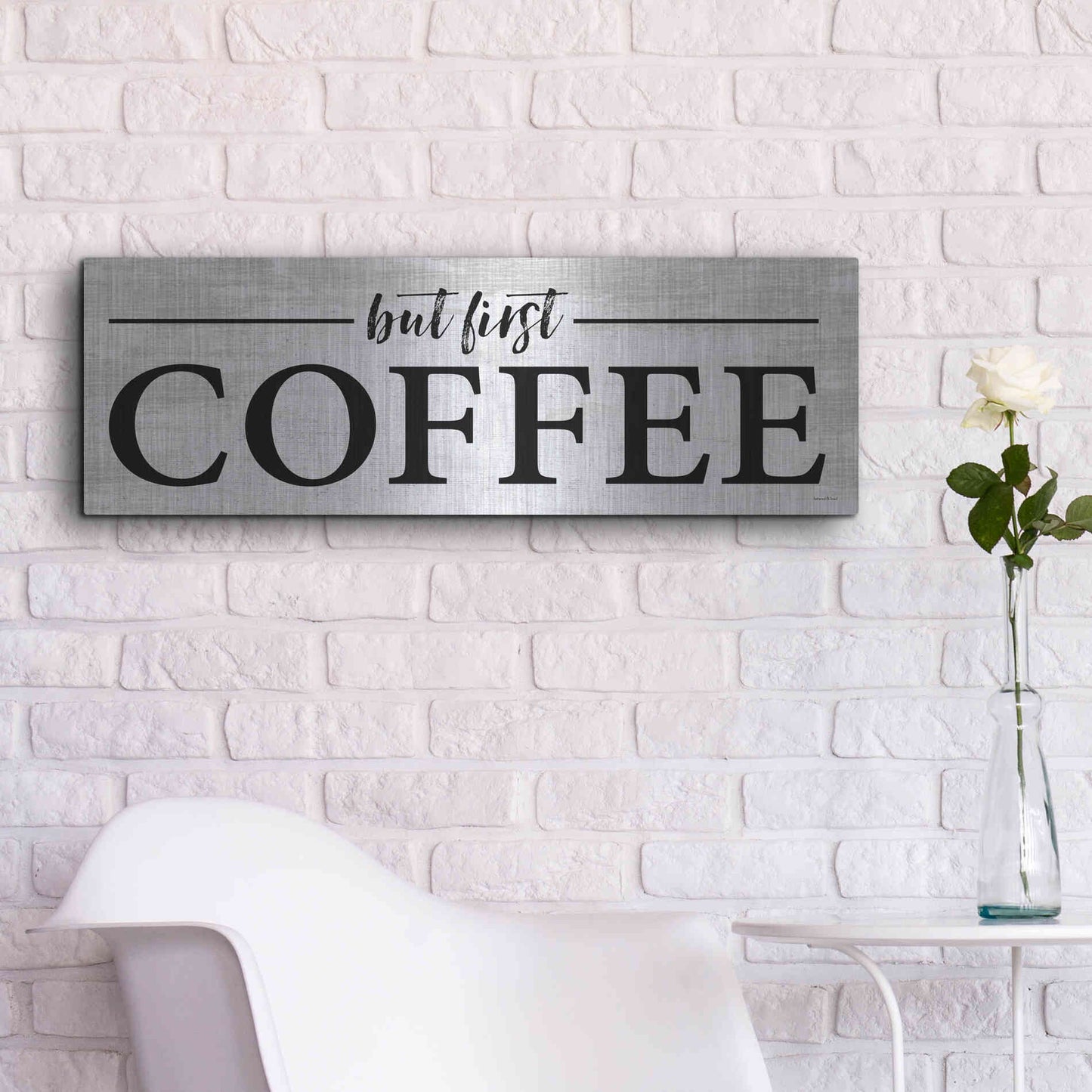 Luxe Metal Art 'But First Coffee I' by Lettered & Lined, Metal Wall Art,36x12
