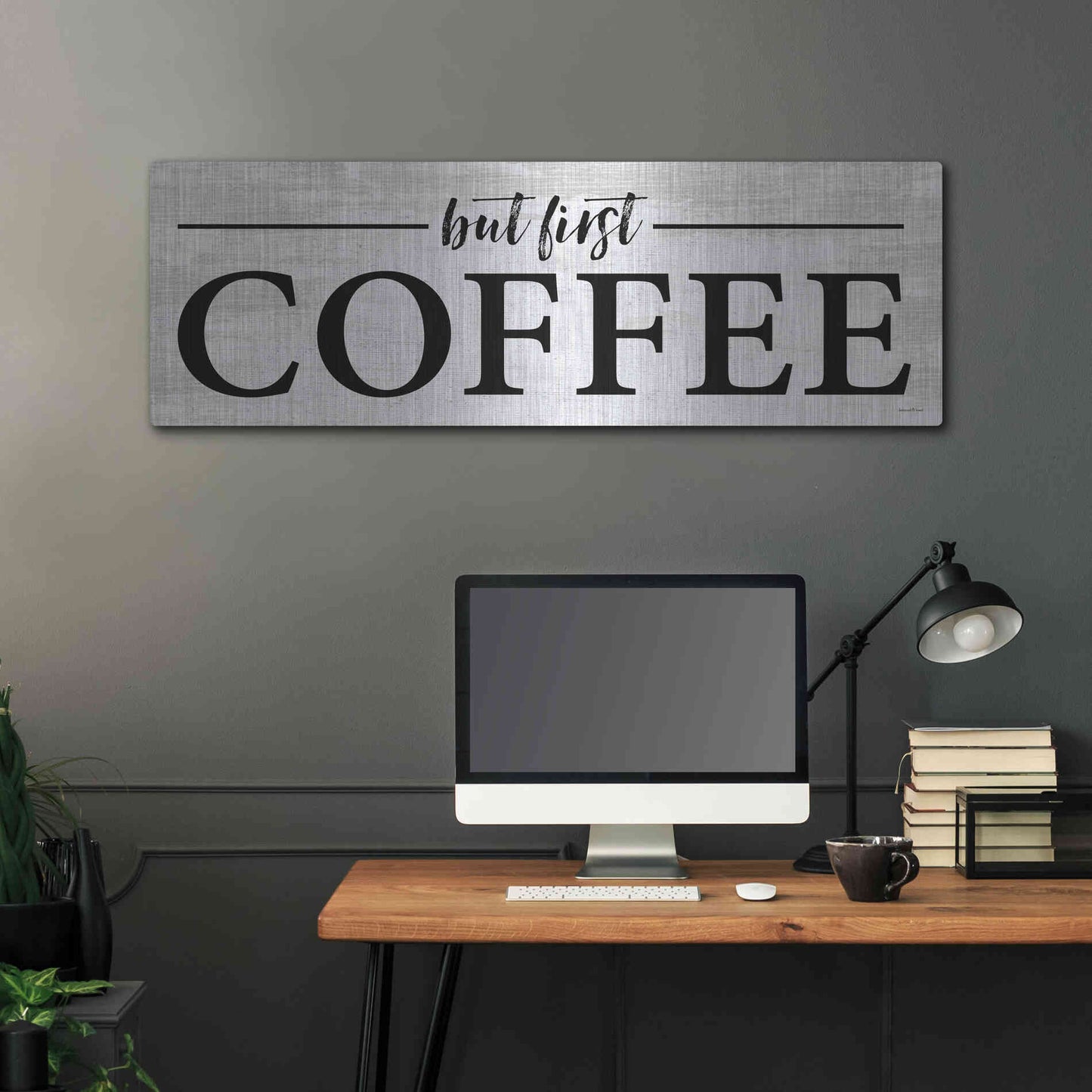Luxe Metal Art 'But First Coffee I' by Lettered & Lined, Metal Wall Art,48x16