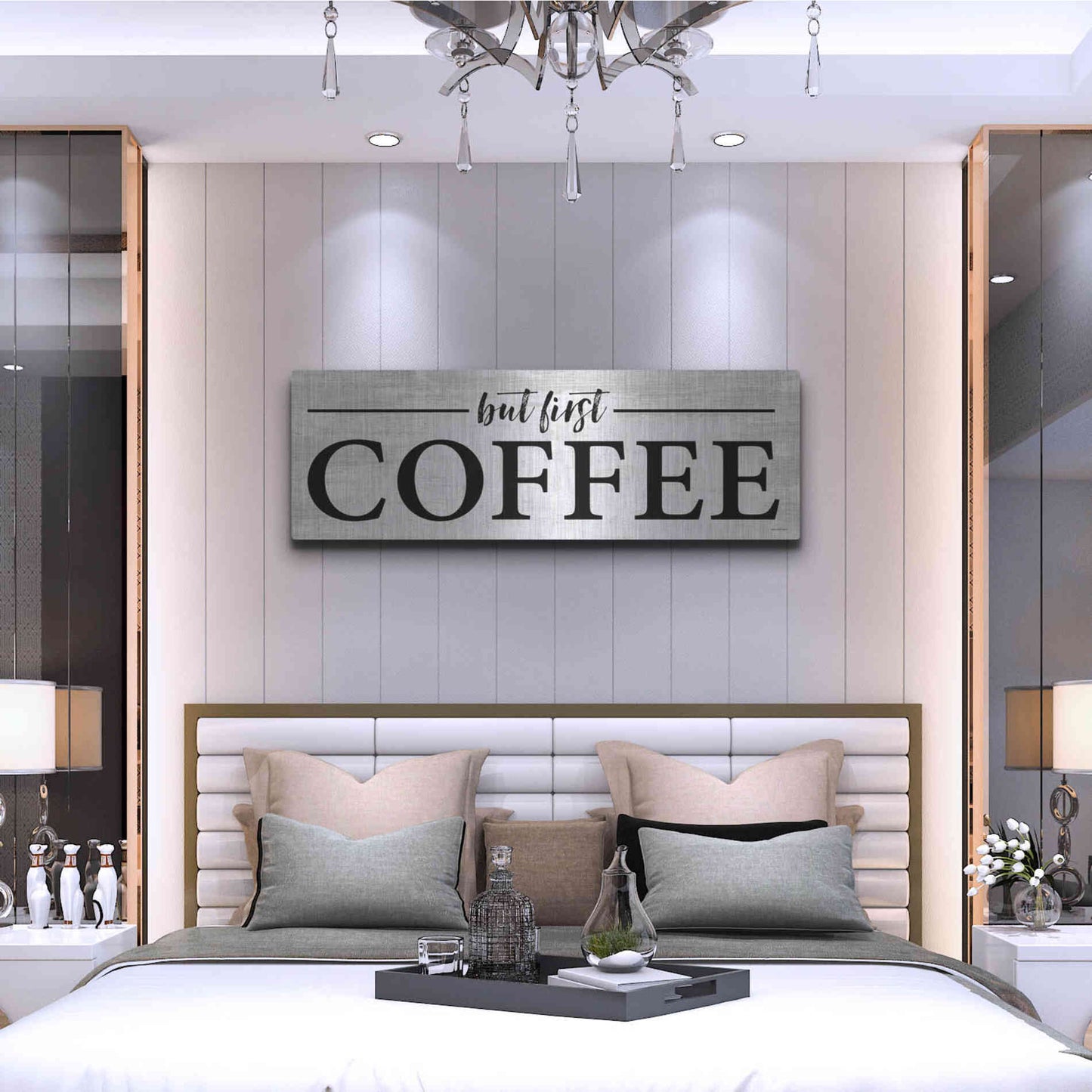 Luxe Metal Art 'But First Coffee I' by Lettered & Lined, Metal Wall Art,48x16