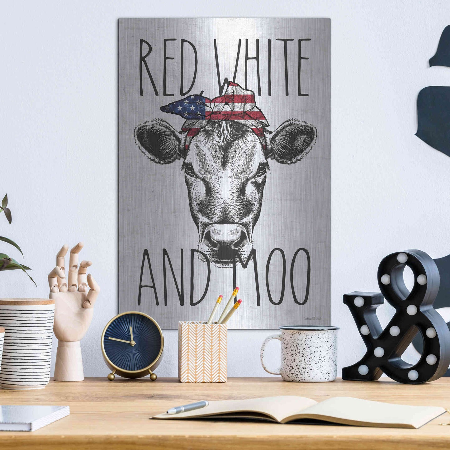 Luxe Metal Art 'Red, White and Moo' by Lettered & Lined, Metal Wall Art,12x16