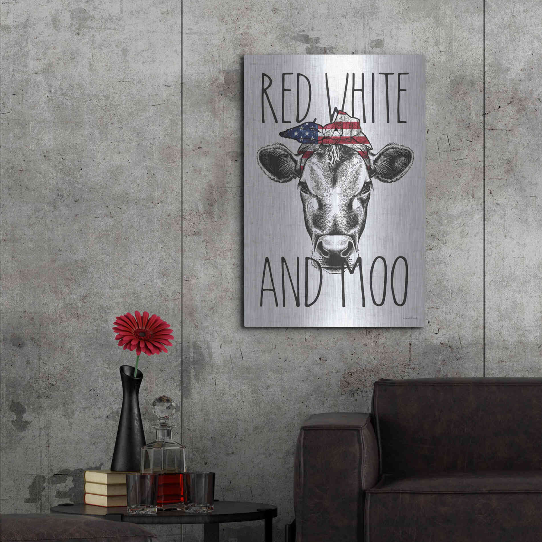 Luxe Metal Art 'Red, White and Moo' by Lettered & Lined, Metal Wall Art,24x36