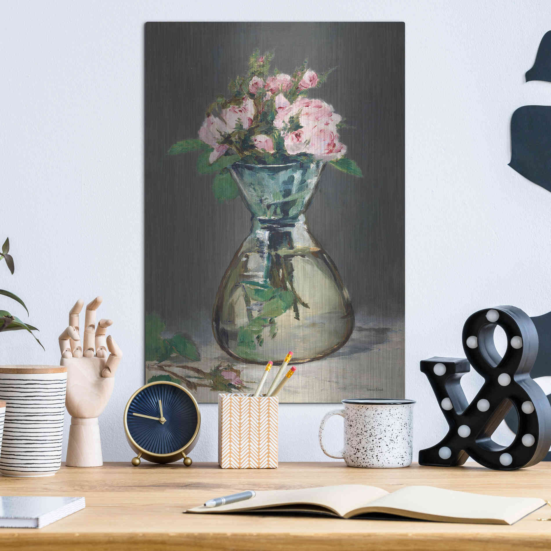 Luxe Metal Art 'Watercolor Pink Roses' by Lettered & Lined, Metal Wall Art,12x16