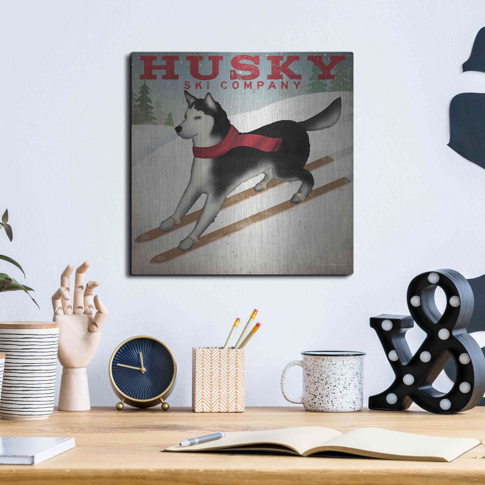 Luxe Metal Art 'Husky Ski Co' by Ryan Fowler, Metal Wall Art,12x12