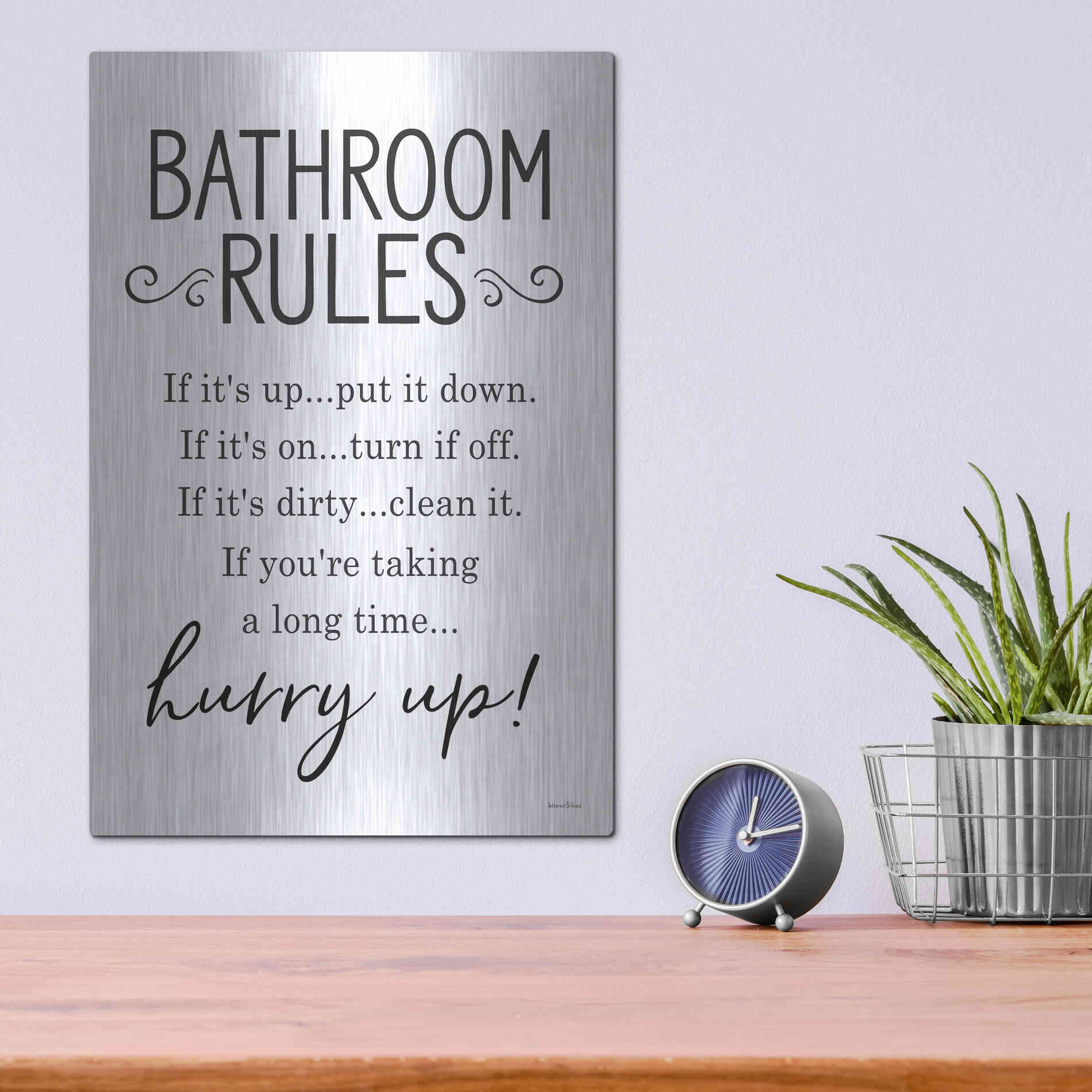 Luxe Metal Art 'Bathroom Rules' by Lettered & Lined, Metal Wall Art,12x16