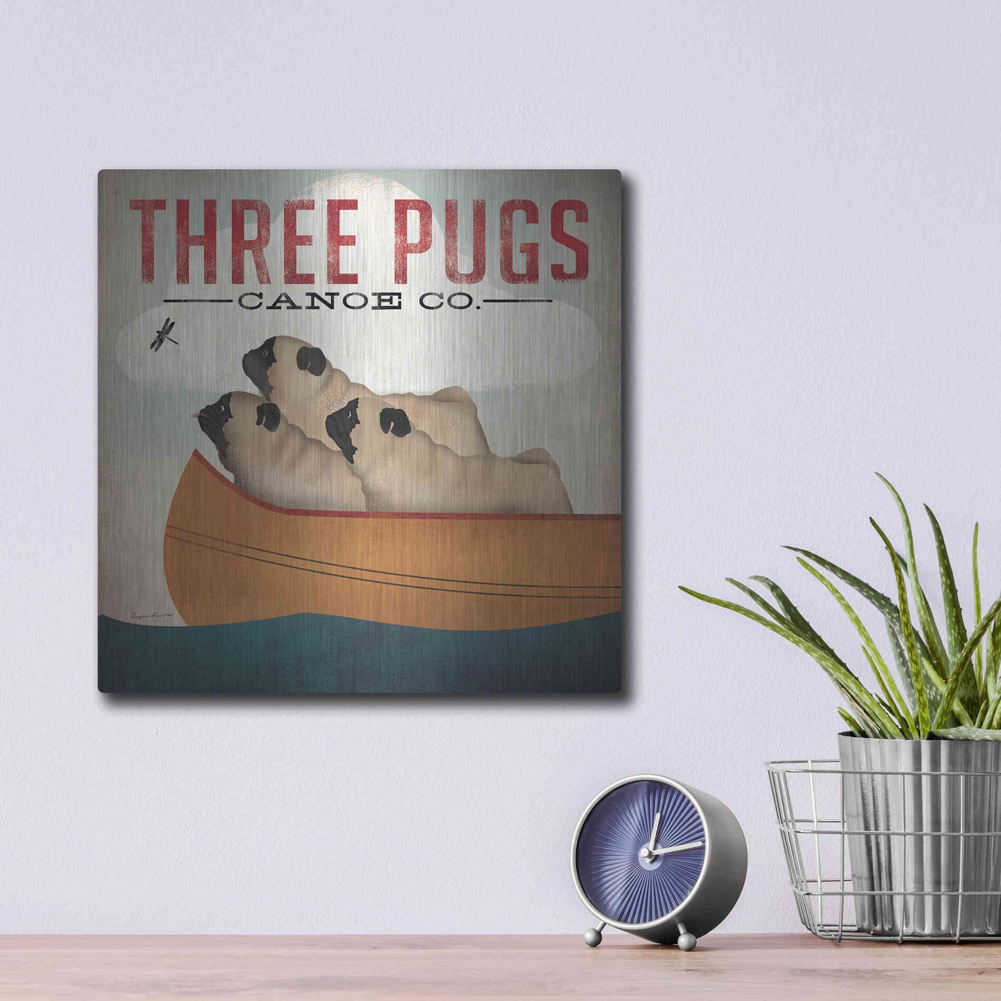 Luxe Metal Art 'Three Pugs in a Canoe V3' by Ryan Fowler, Metal Wall Art,12x12