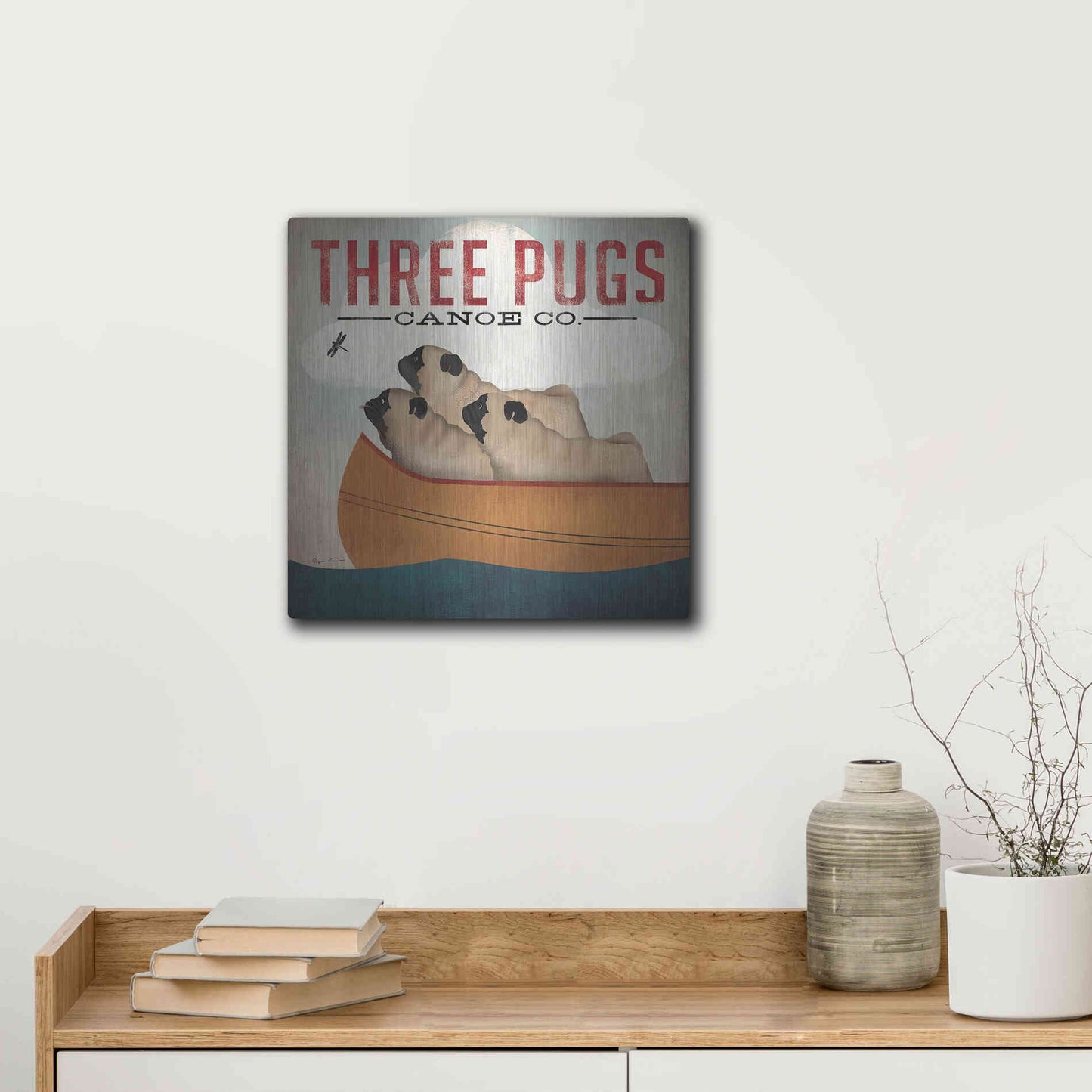 Luxe Metal Art 'Three Pugs in a Canoe V3' by Ryan Fowler, Metal Wall Art,12x12