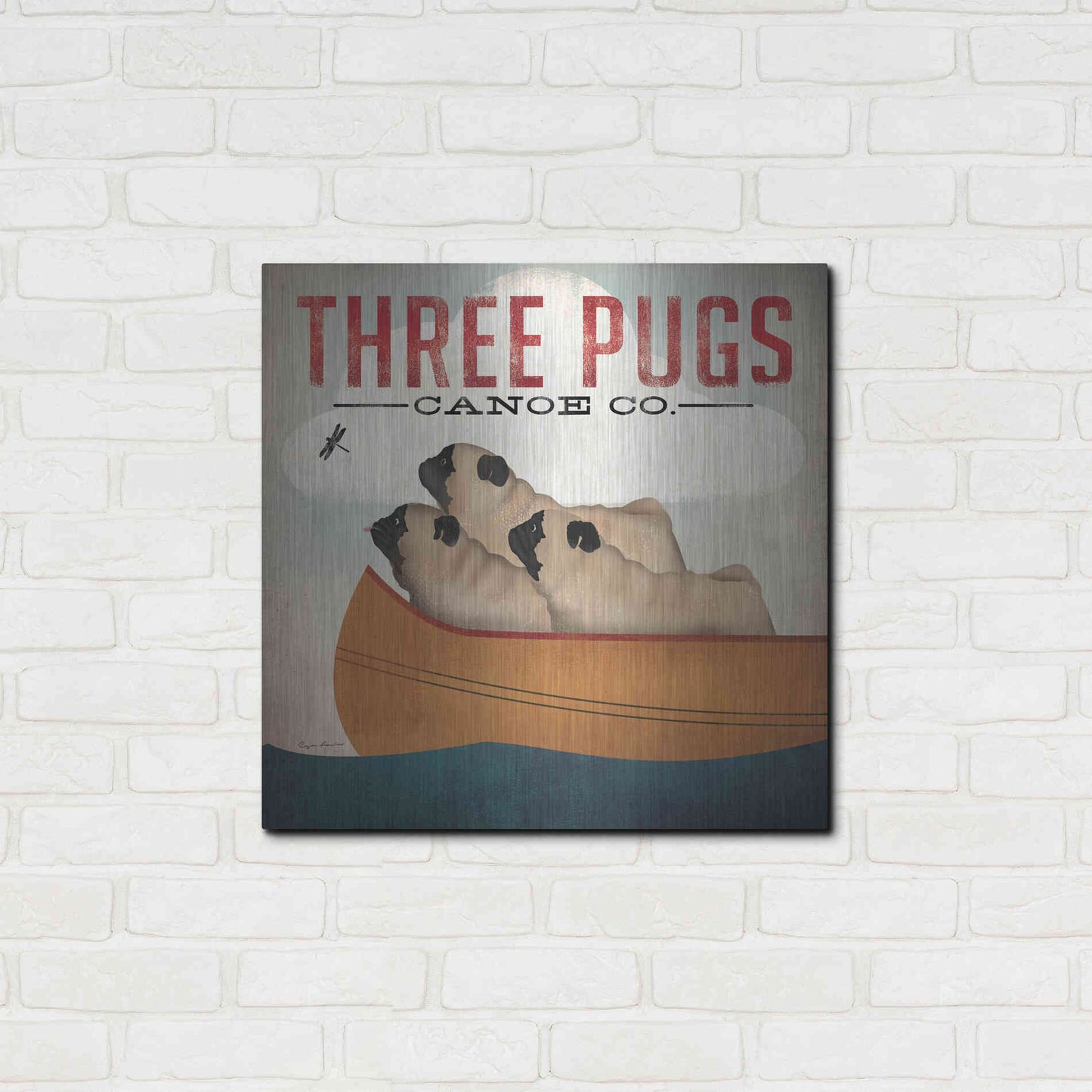 Luxe Metal Art 'Three Pugs in a Canoe V3' by Ryan Fowler, Metal Wall Art,24x24