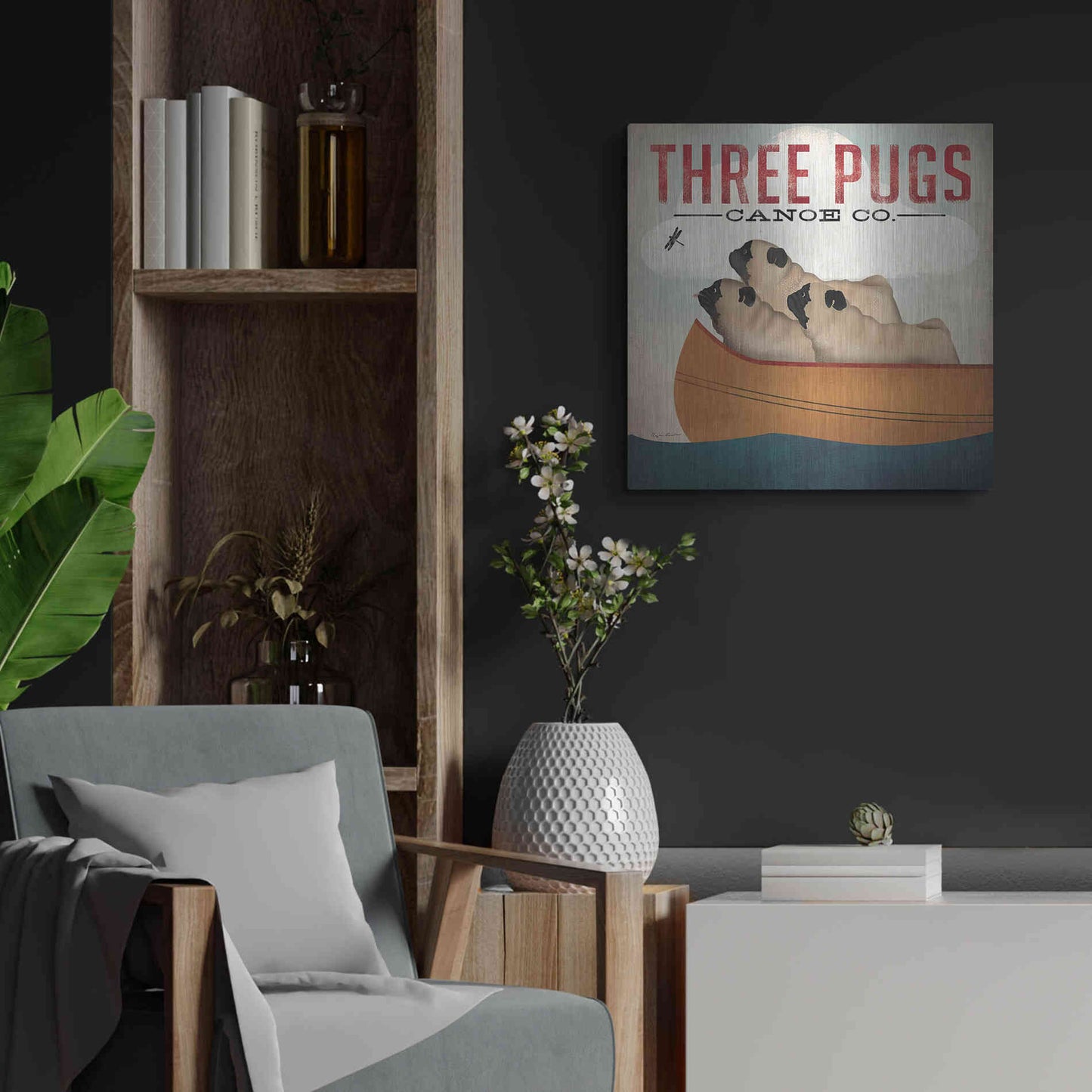Luxe Metal Art 'Three Pugs in a Canoe V3' by Ryan Fowler, Metal Wall Art,24x24