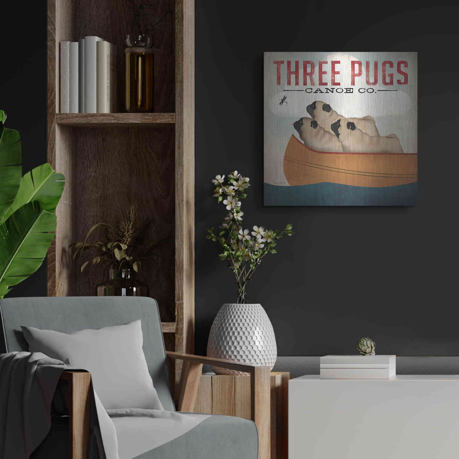 Luxe Metal Art 'Three Pugs in a Canoe V3' by Ryan Fowler, Metal Wall Art,24x24