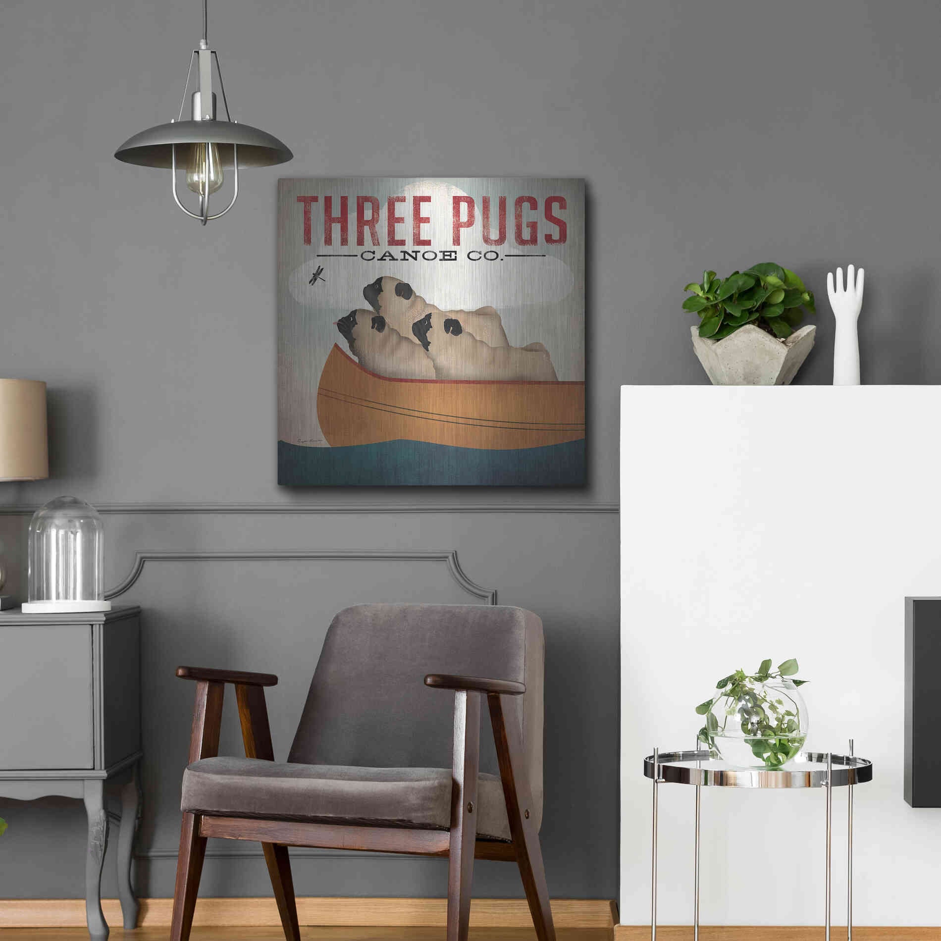 Luxe Metal Art 'Three Pugs in a Canoe V3' by Ryan Fowler, Metal Wall Art,24x24