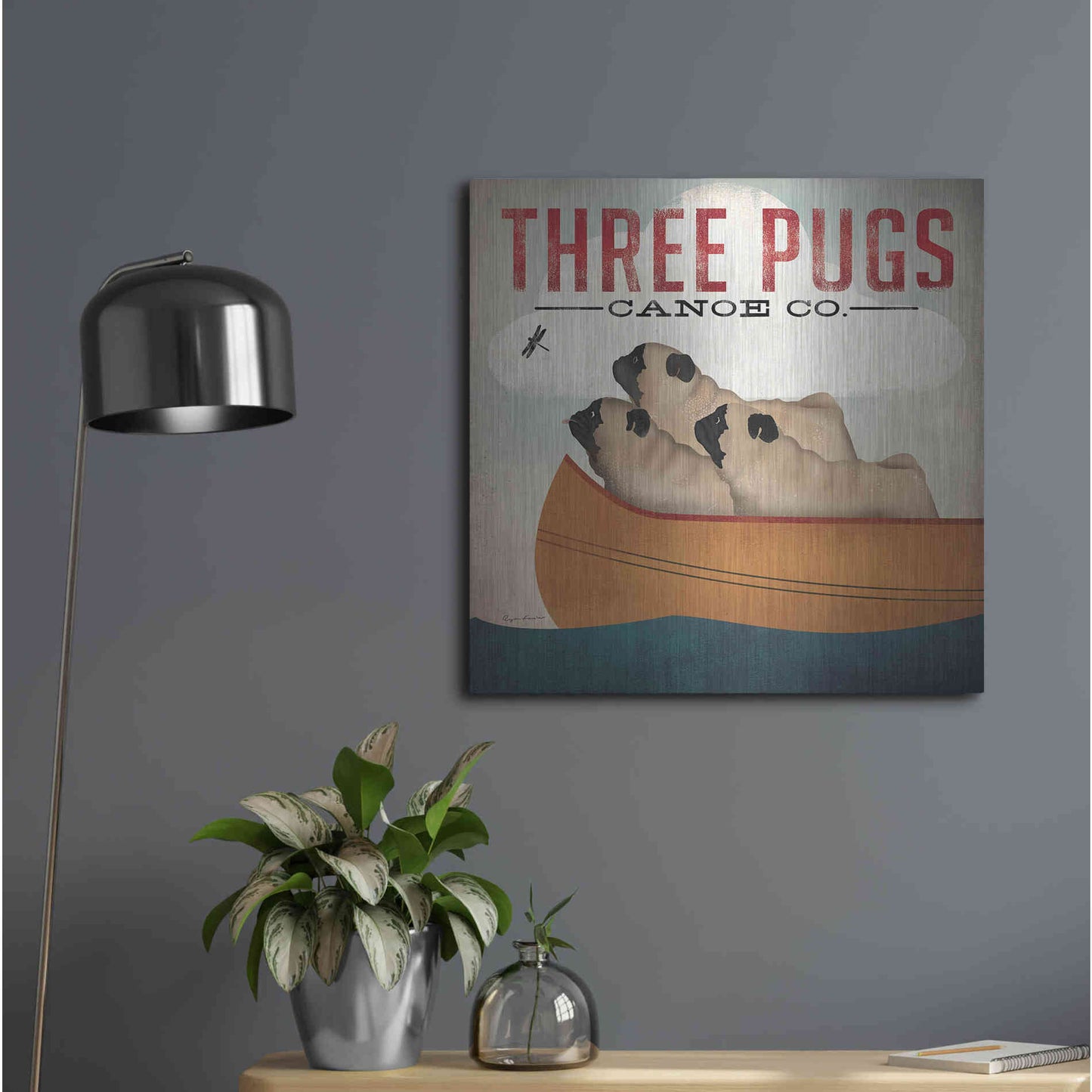 Luxe Metal Art 'Three Pugs in a Canoe V3' by Ryan Fowler, Metal Wall Art,24x24