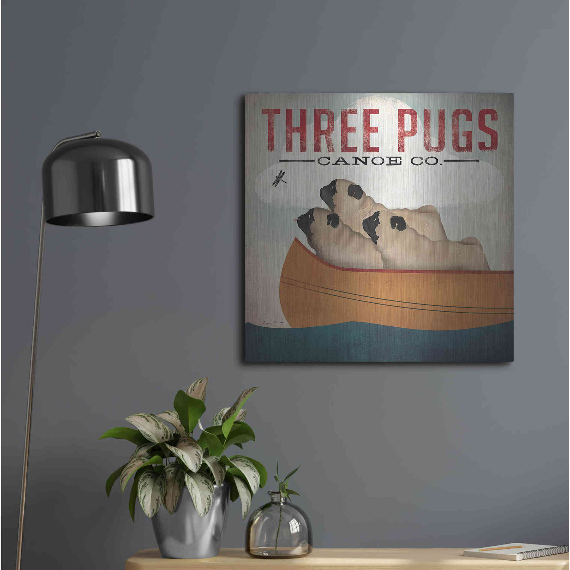 Luxe Metal Art 'Three Pugs in a Canoe V3' by Ryan Fowler, Metal Wall Art,24x24