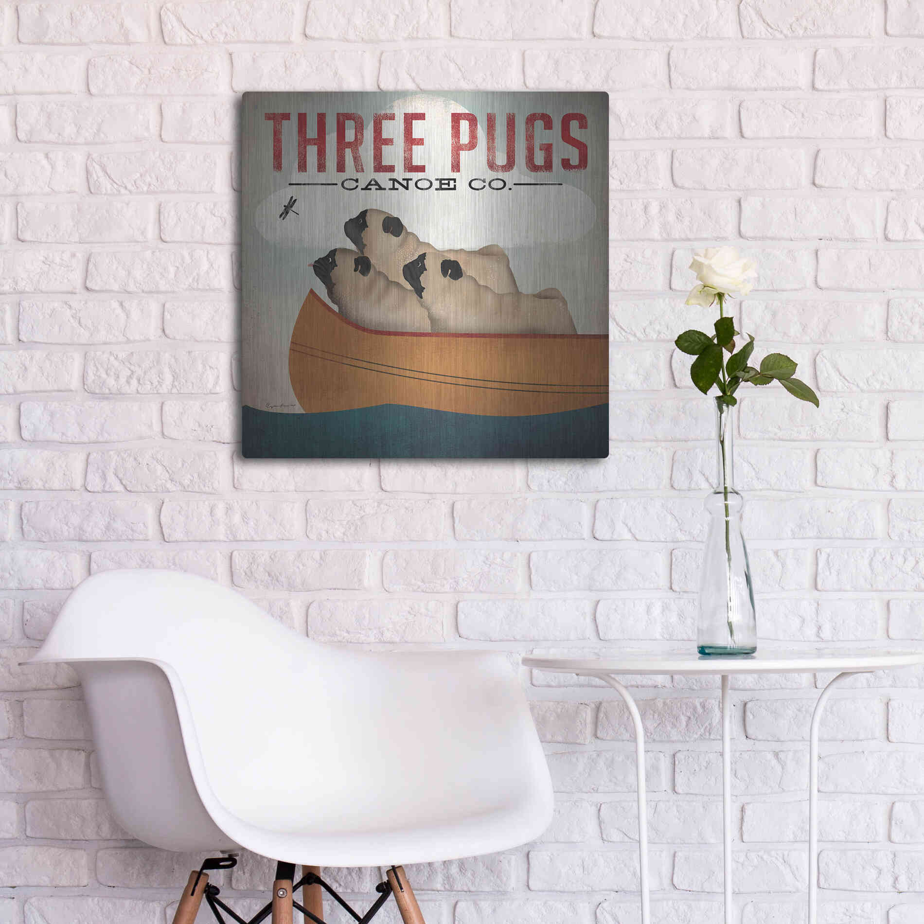 Luxe Metal Art 'Three Pugs in a Canoe V3' by Ryan Fowler, Metal Wall Art,24x24