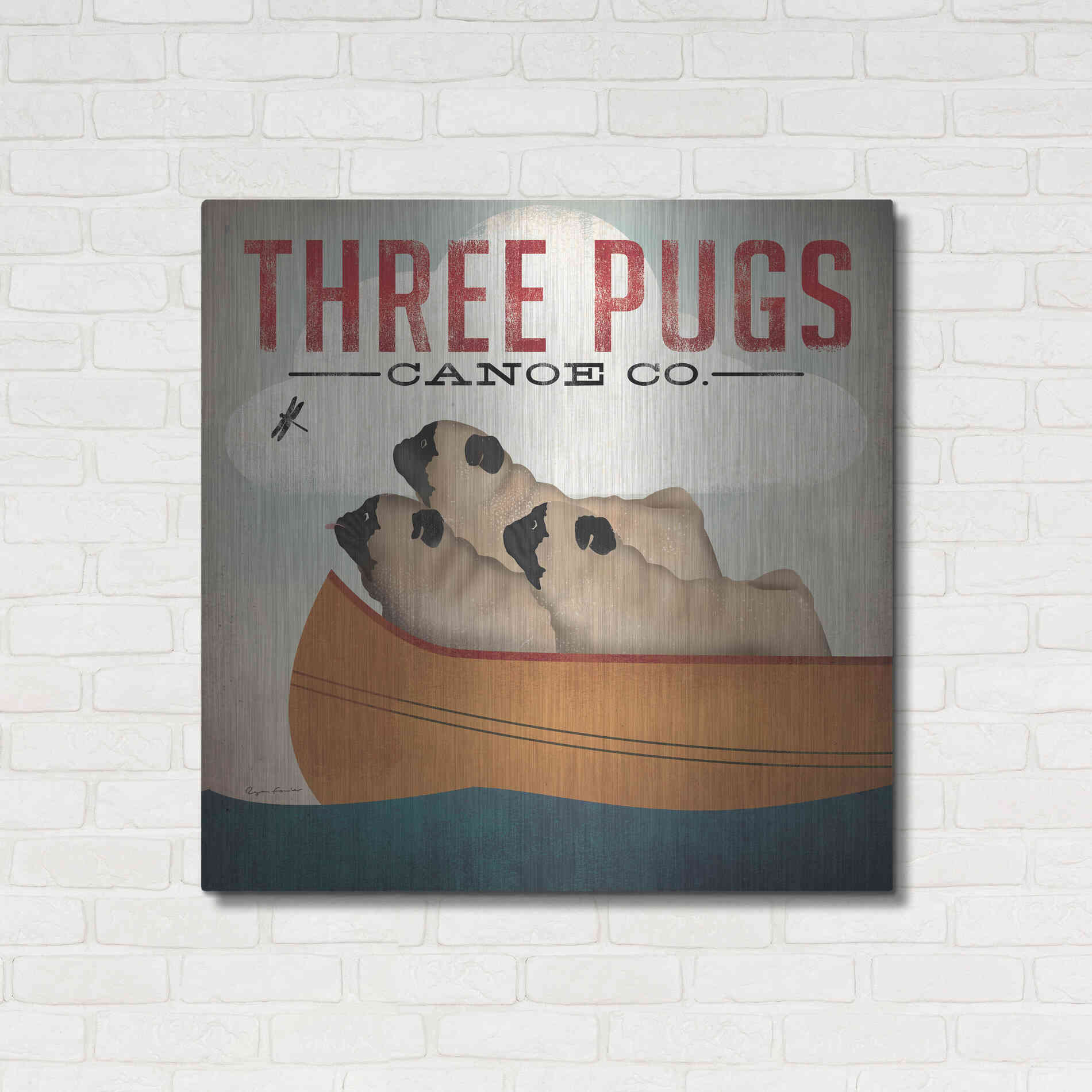 Luxe Metal Art 'Three Pugs in a Canoe V3' by Ryan Fowler, Metal Wall Art,36x36