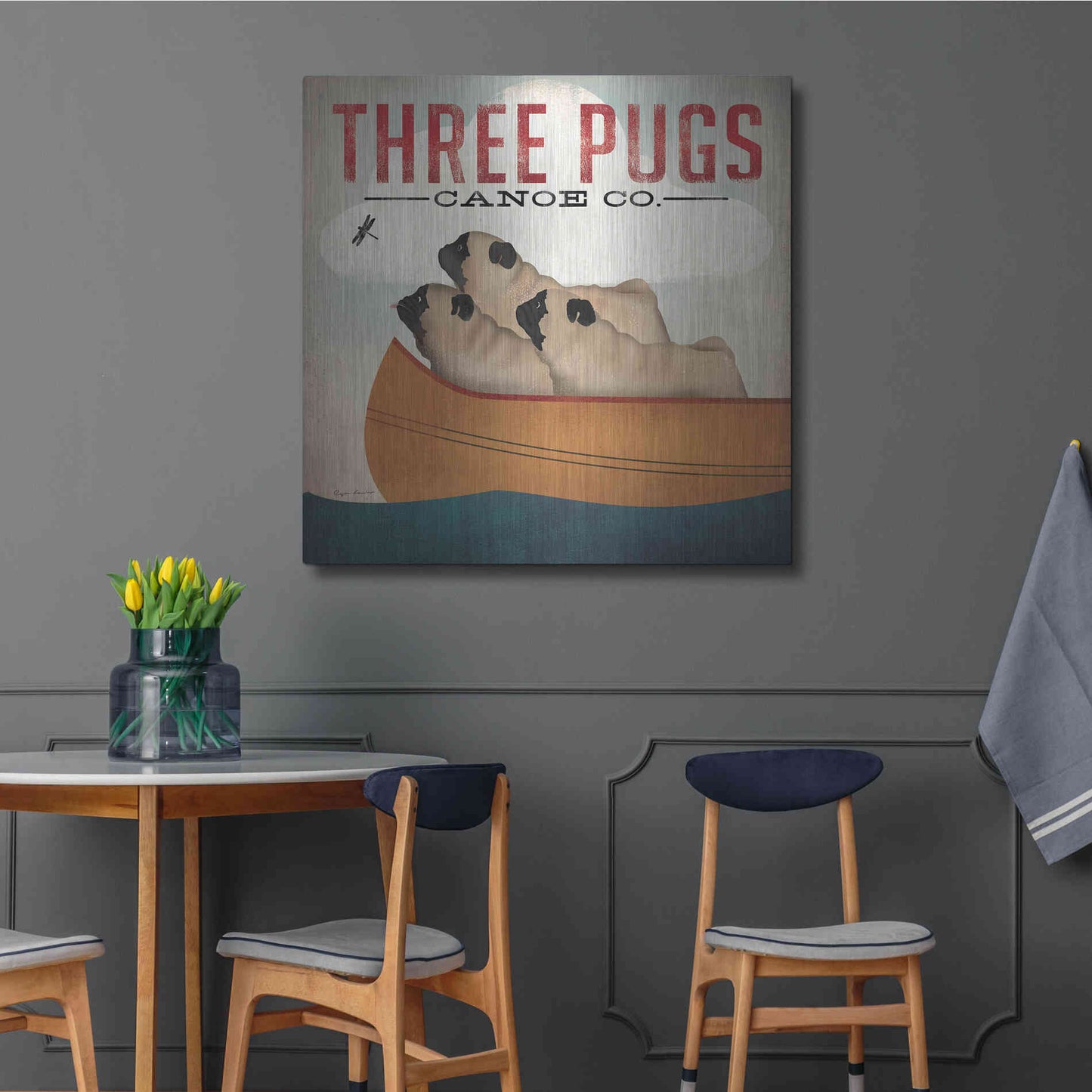 Luxe Metal Art 'Three Pugs in a Canoe V3' by Ryan Fowler, Metal Wall Art,36x36