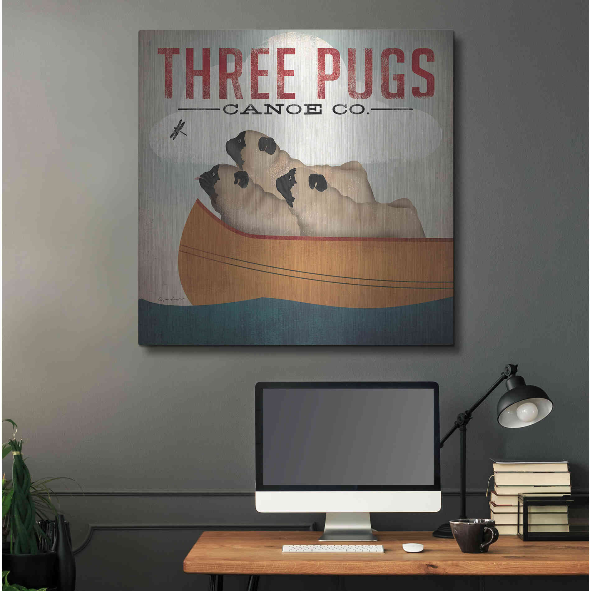 Luxe Metal Art 'Three Pugs in a Canoe V3' by Ryan Fowler, Metal Wall Art,36x36
