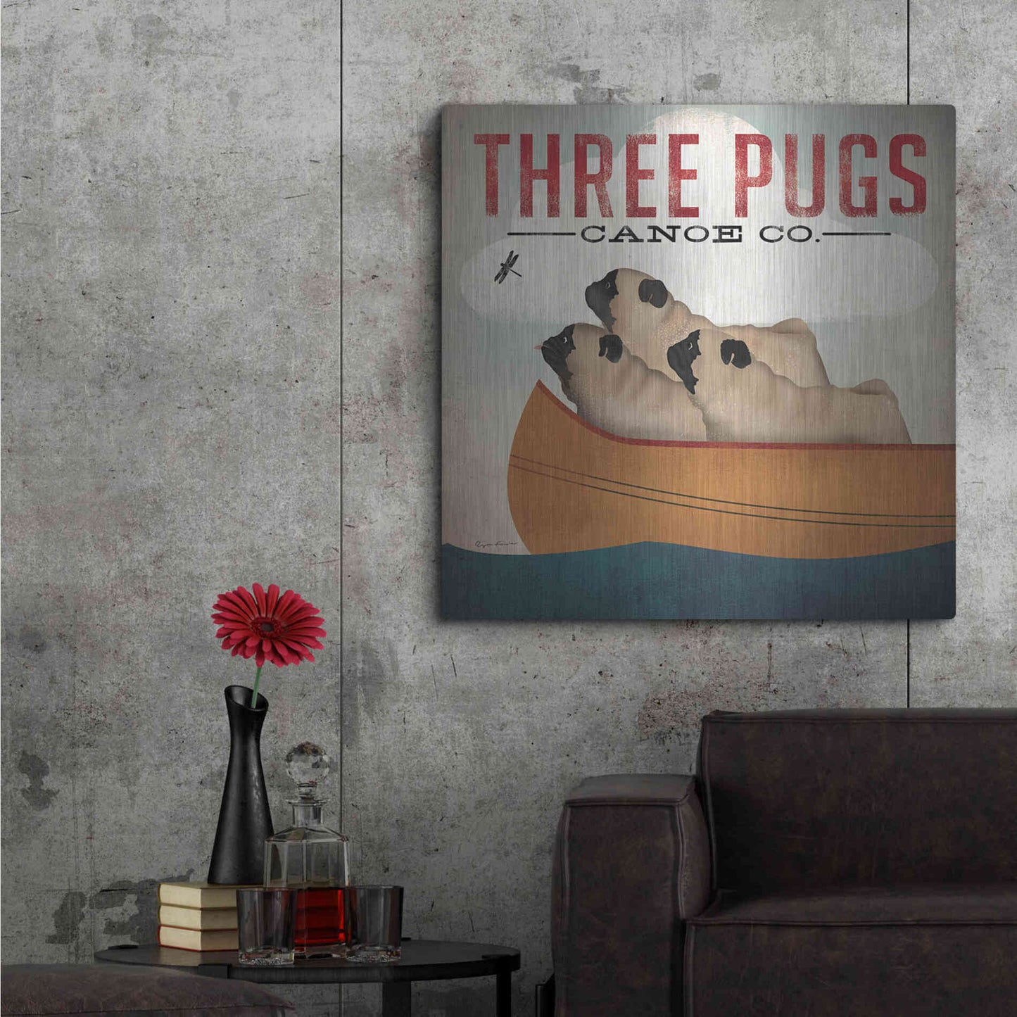 Luxe Metal Art 'Three Pugs in a Canoe V3' by Ryan Fowler, Metal Wall Art,36x36