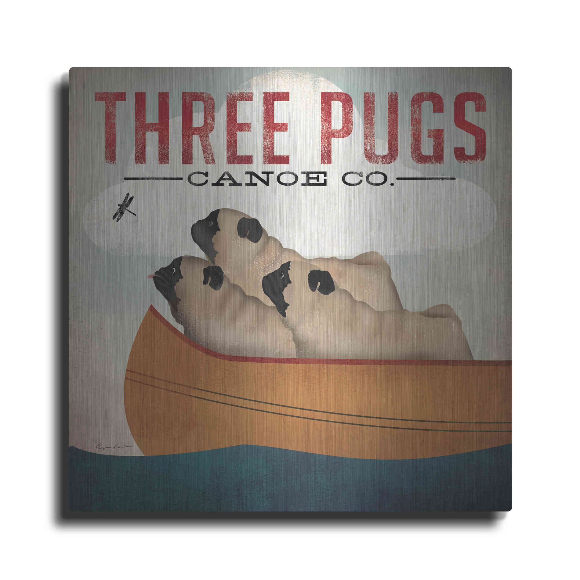 Luxe Metal Art 'Three Pugs in a Canoe V3' by Ryan Fowler, Metal Wall Art