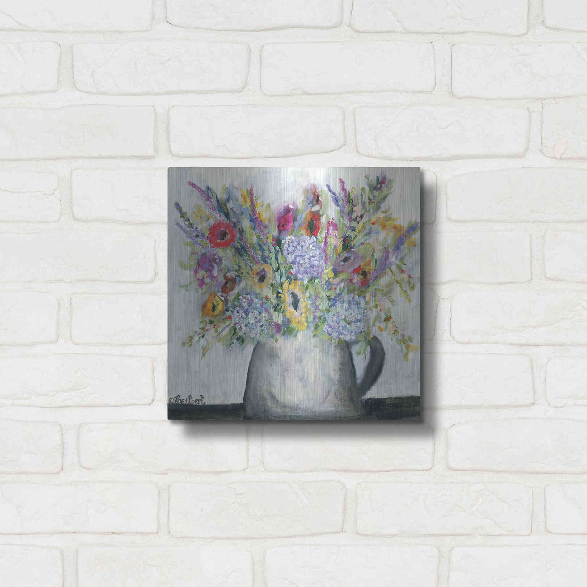 Luxe Metal Art 'Hydrangeas in Pitcher' by Roey Ebert, Metal Wall Art,12x12