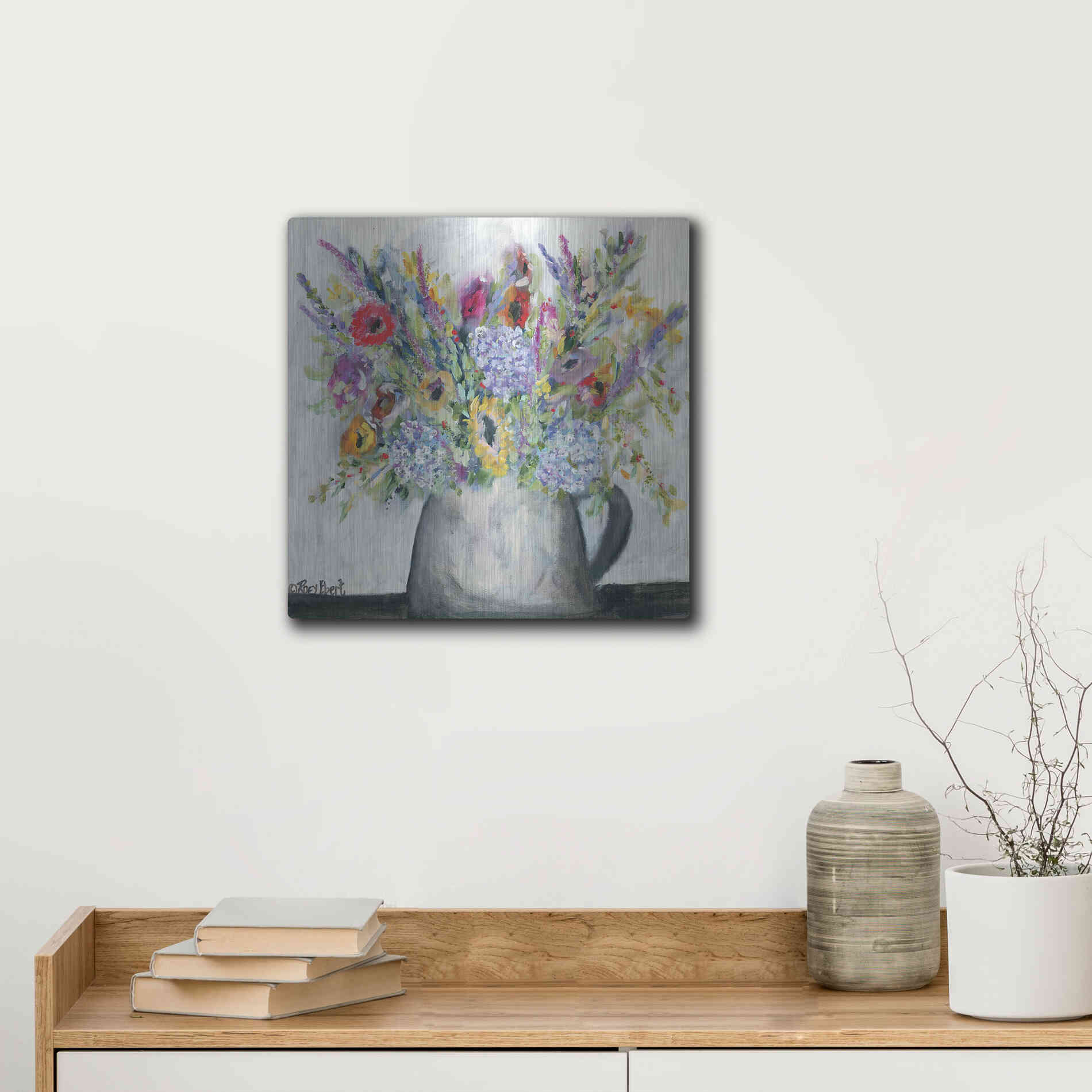 Luxe Metal Art 'Hydrangeas in Pitcher' by Roey Ebert, Metal Wall Art,12x12