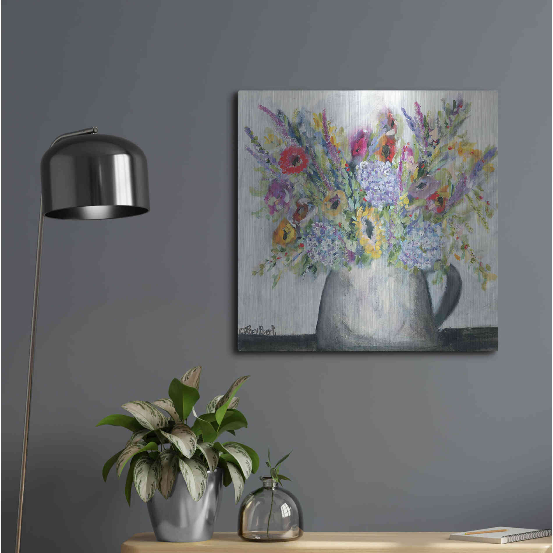 Luxe Metal Art 'Hydrangeas in Pitcher' by Roey Ebert, Metal Wall Art,24x24