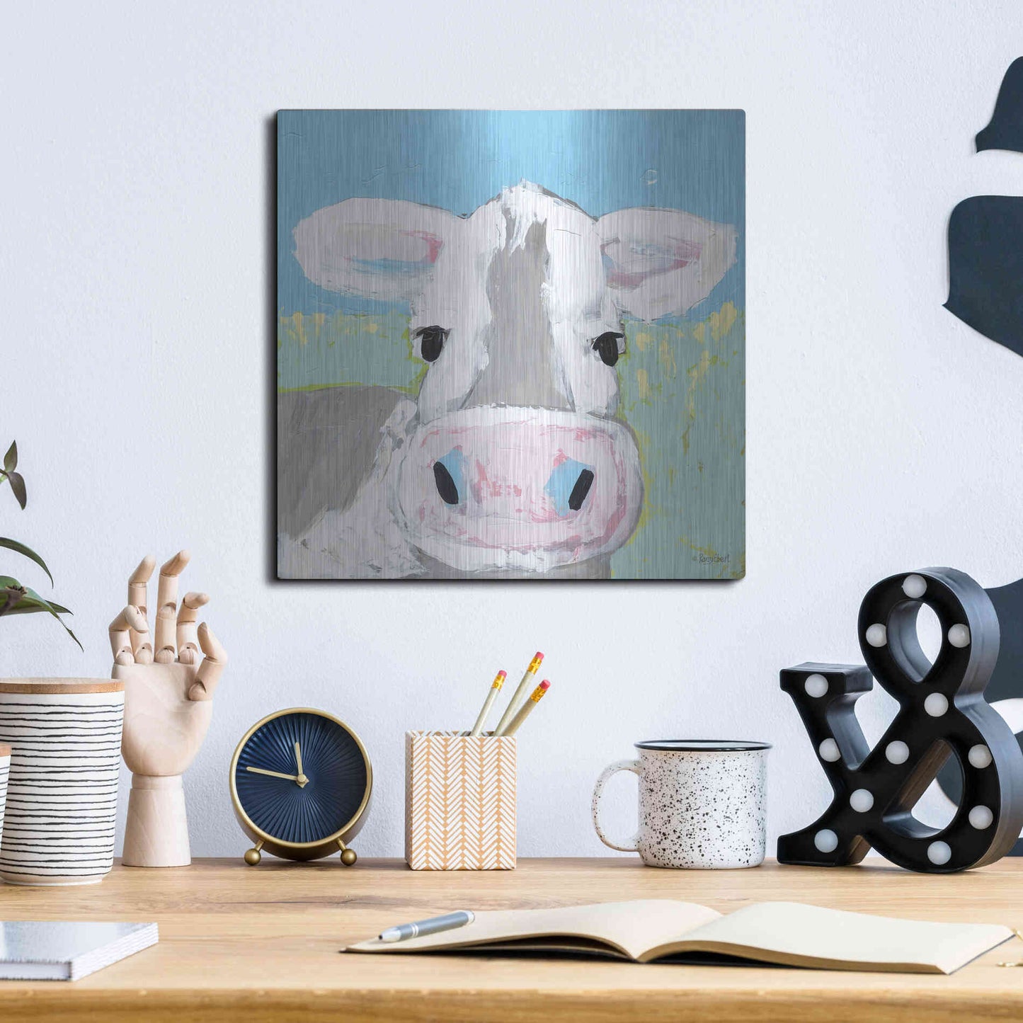 Luxe Metal Art 'Moo' by Roey Ebert, Metal Wall Art,12x12