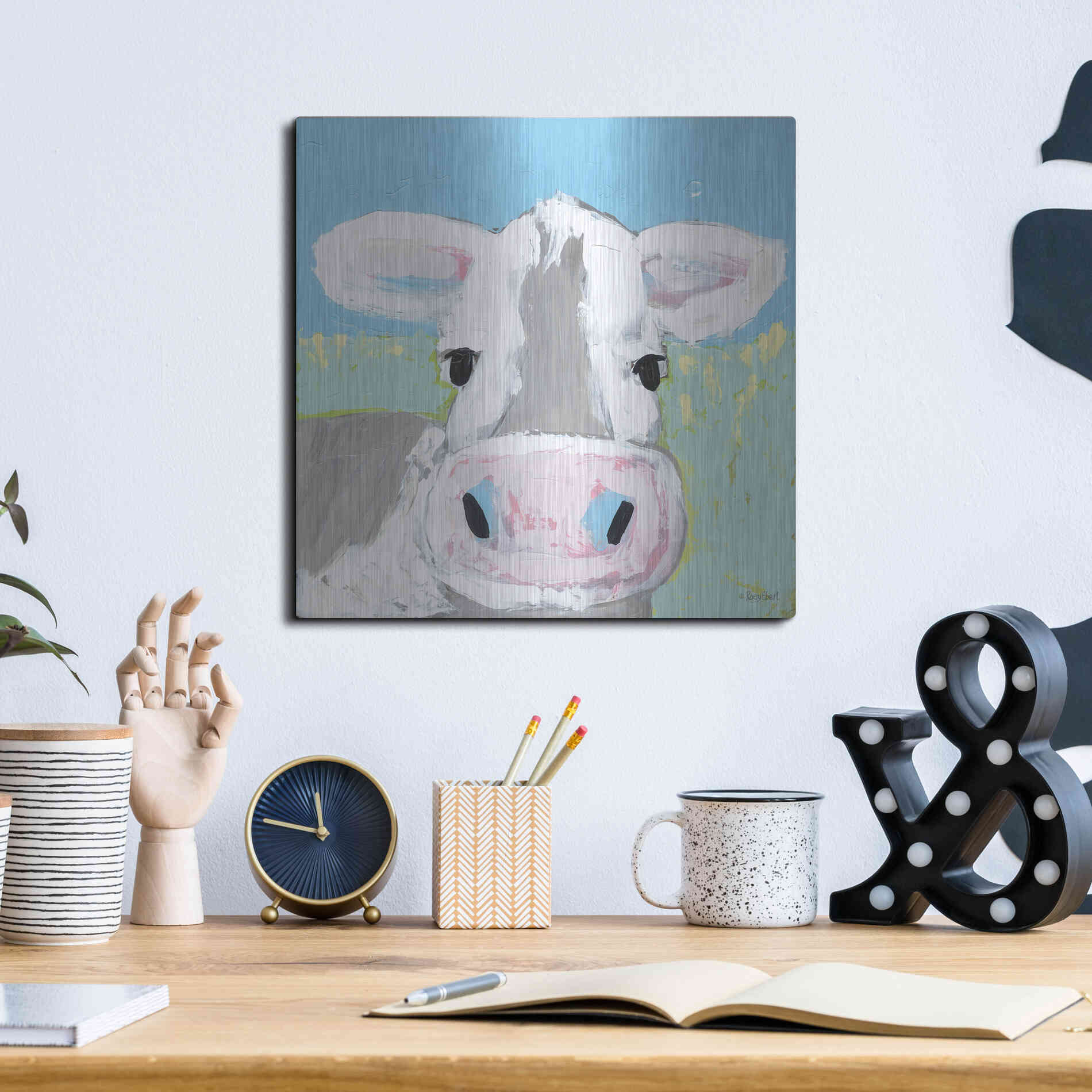 Luxe Metal Art 'Moo' by Roey Ebert, Metal Wall Art,12x12