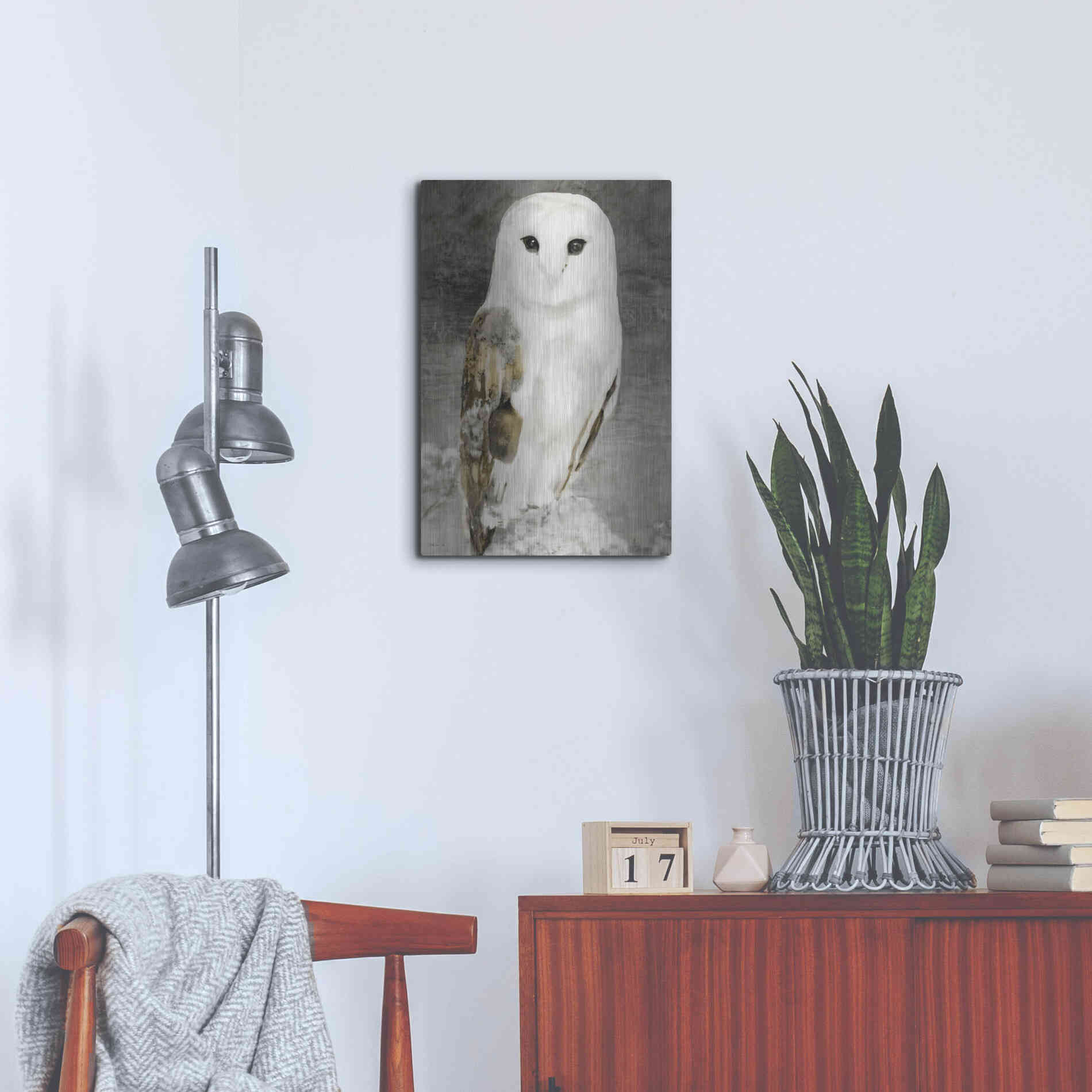 Luxe Metal Art 'Snowy Owl 1' by Stellar Design Studio, Metal Wall Art,16x24