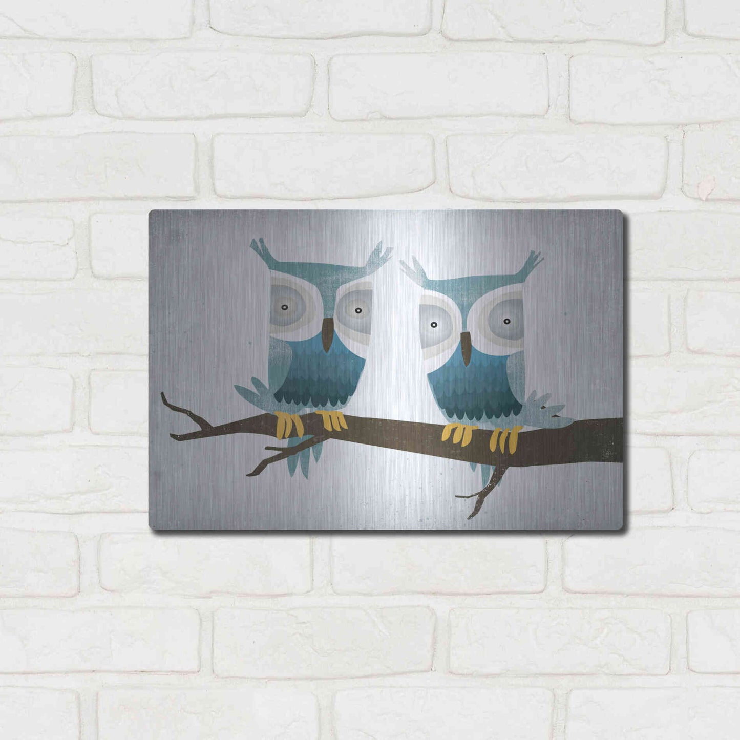 Luxe Metal Art 'Tan Owls Bright' by Ryan Fowler, Metal Wall Art,16x12