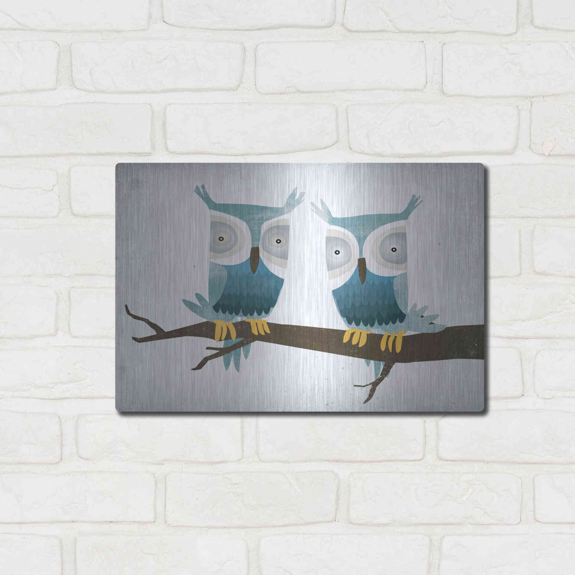 Luxe Metal Art 'Tan Owls Bright' by Ryan Fowler, Metal Wall Art,16x12