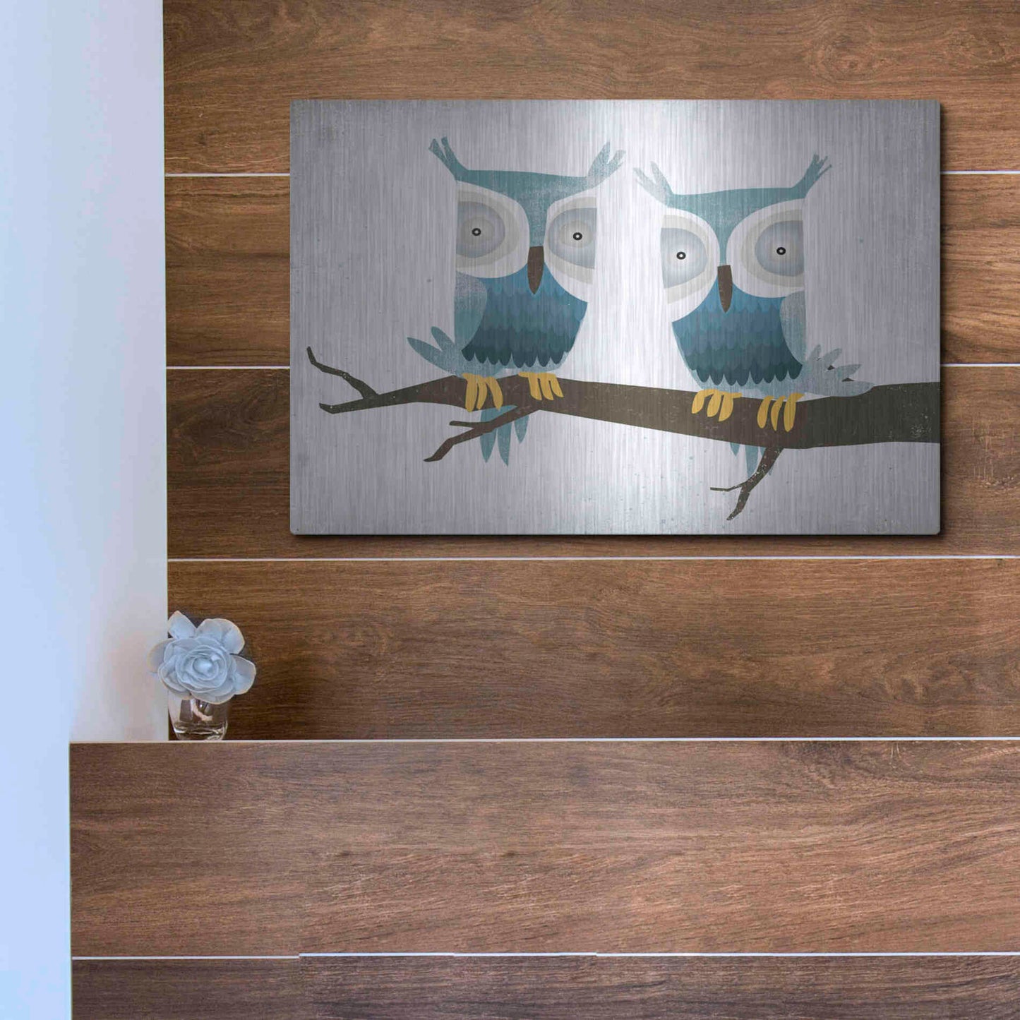 Luxe Metal Art 'Tan Owls Bright' by Ryan Fowler, Metal Wall Art,16x12
