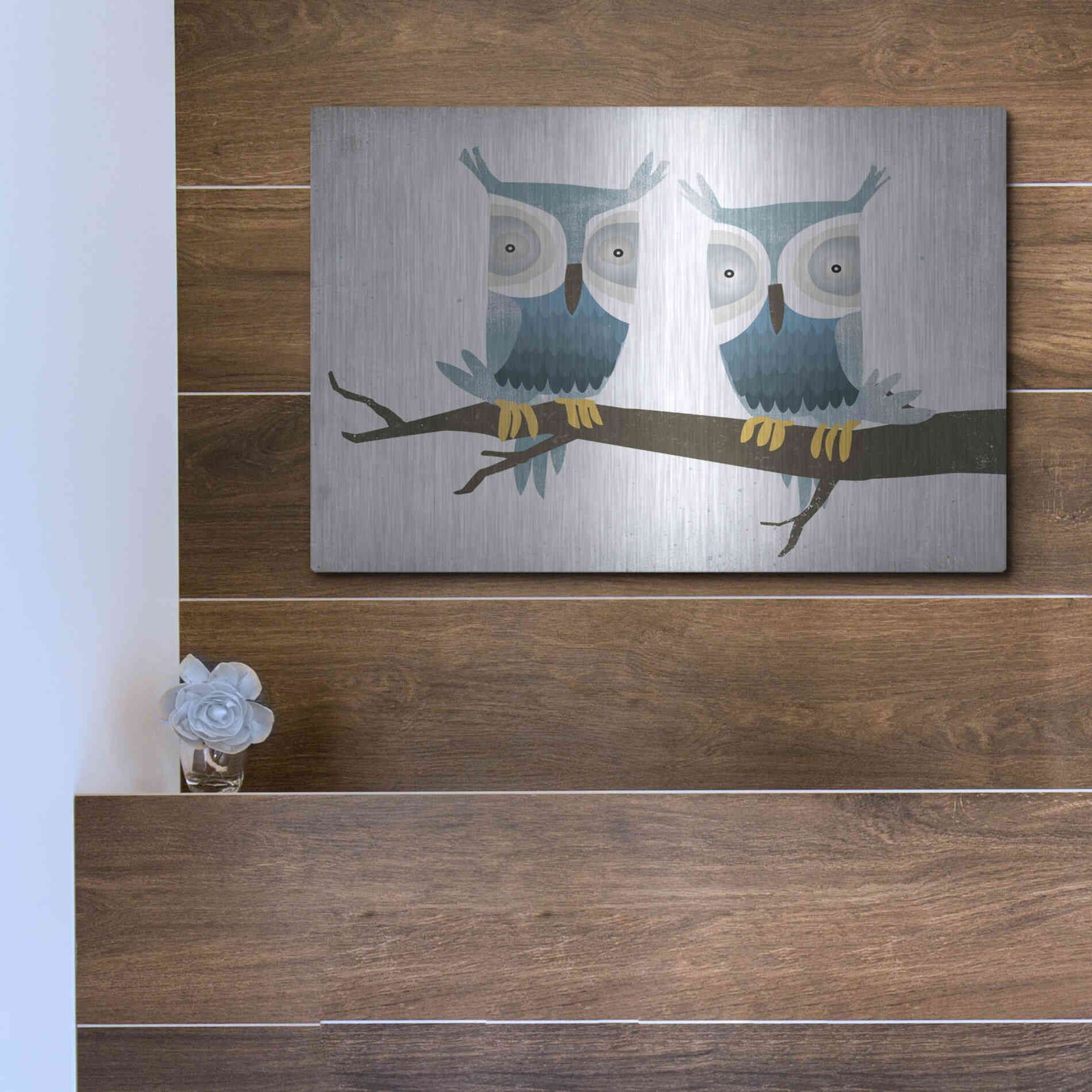 Luxe Metal Art 'Tan Owls Bright' by Ryan Fowler, Metal Wall Art,16x12