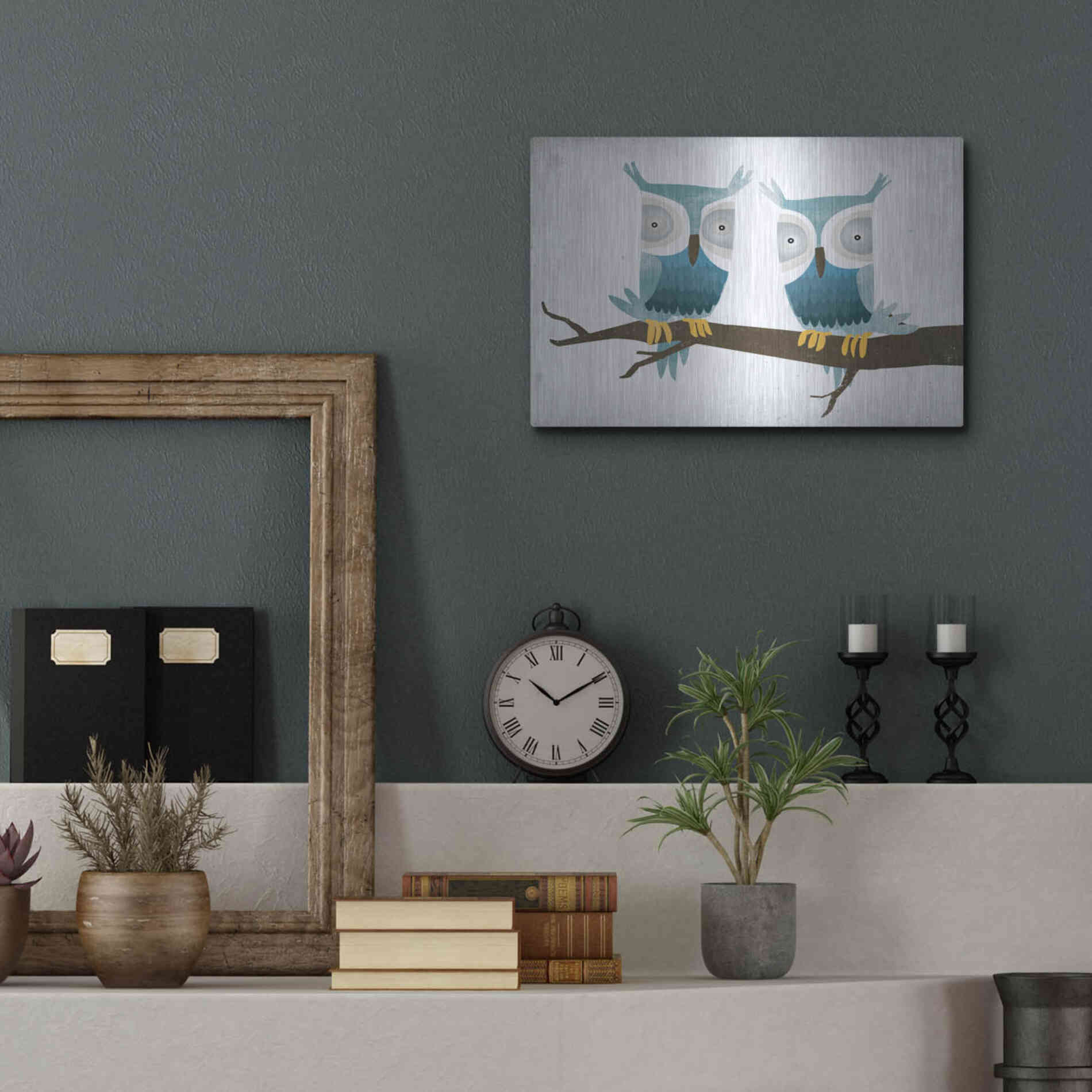 Luxe Metal Art 'Tan Owls Bright' by Ryan Fowler, Metal Wall Art,16x12