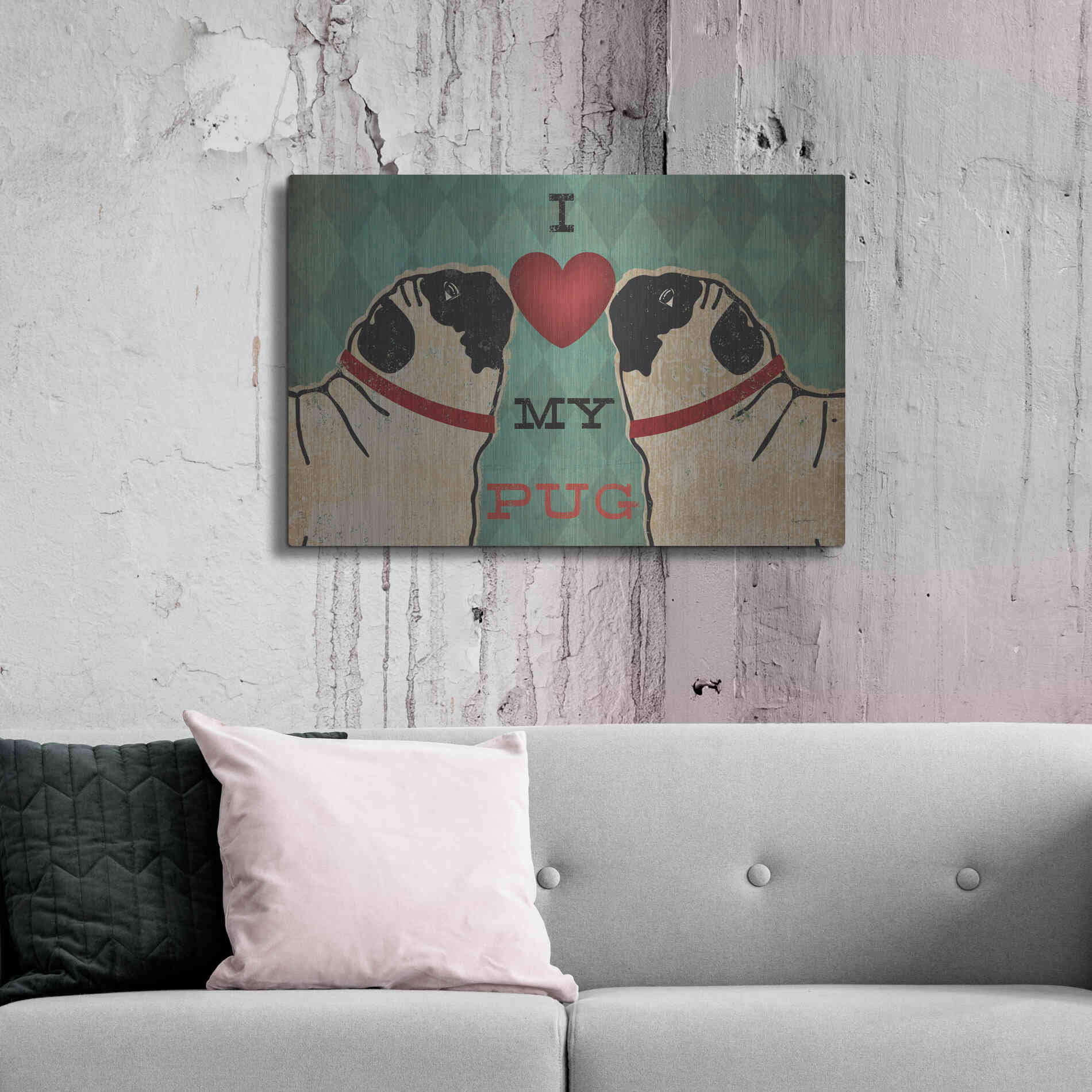 Luxe Metal Art 'Pug and Pug - I Love My Pug' by Ryan Fowler, Metal Wall Art,36x24