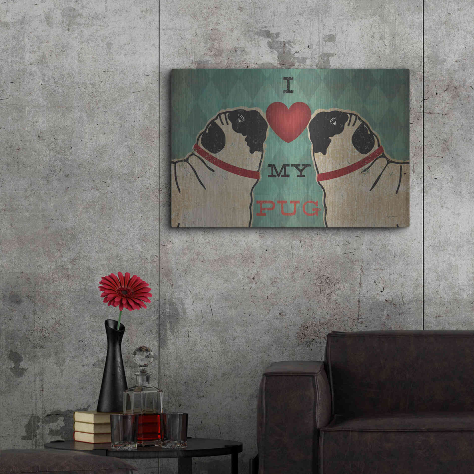 Luxe Metal Art 'Pug and Pug - I Love My Pug' by Ryan Fowler, Metal Wall Art,36x24