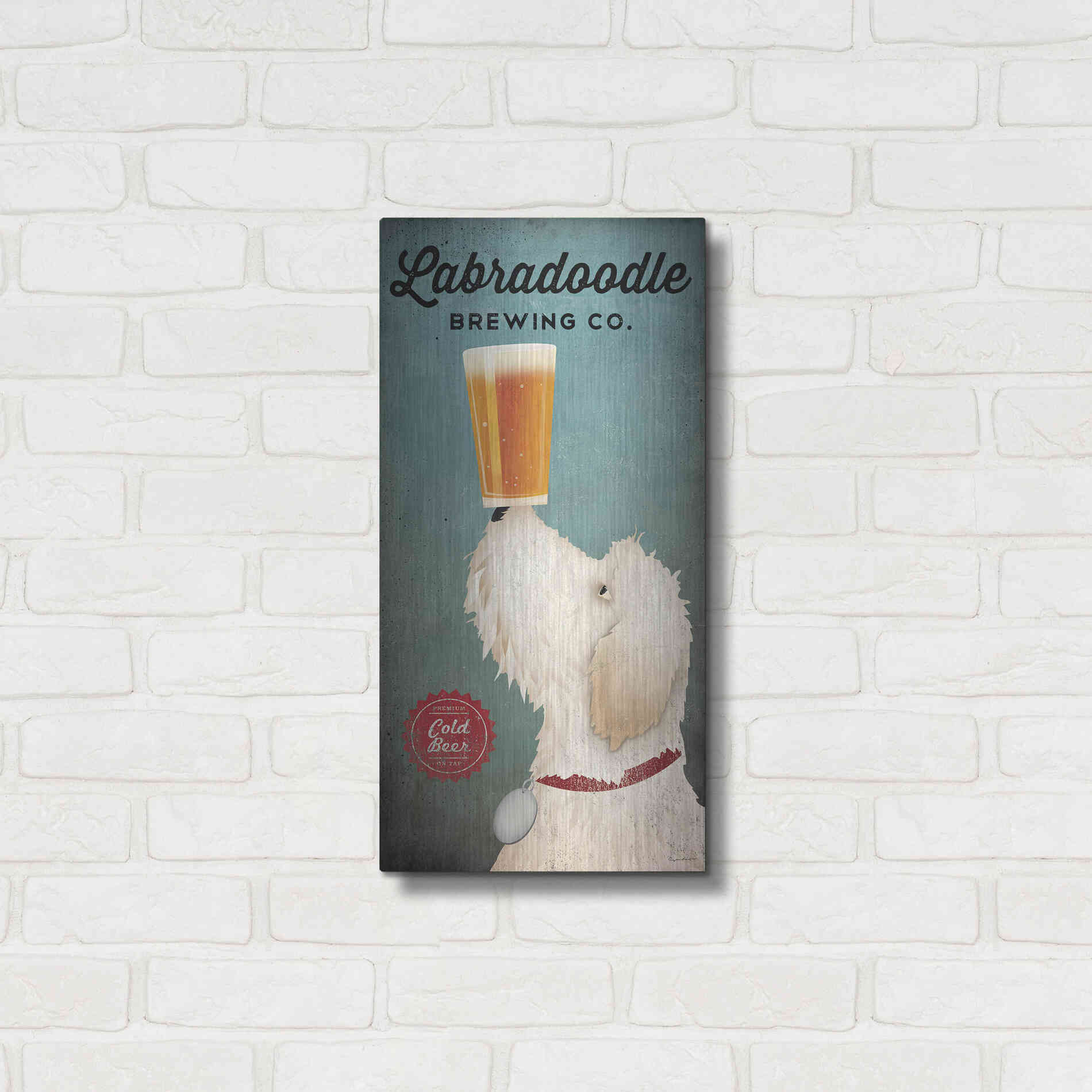 Luxe Metal Art 'Labradoodle Brewing' by Ryan Fowler, Metal Wall Art,12x24