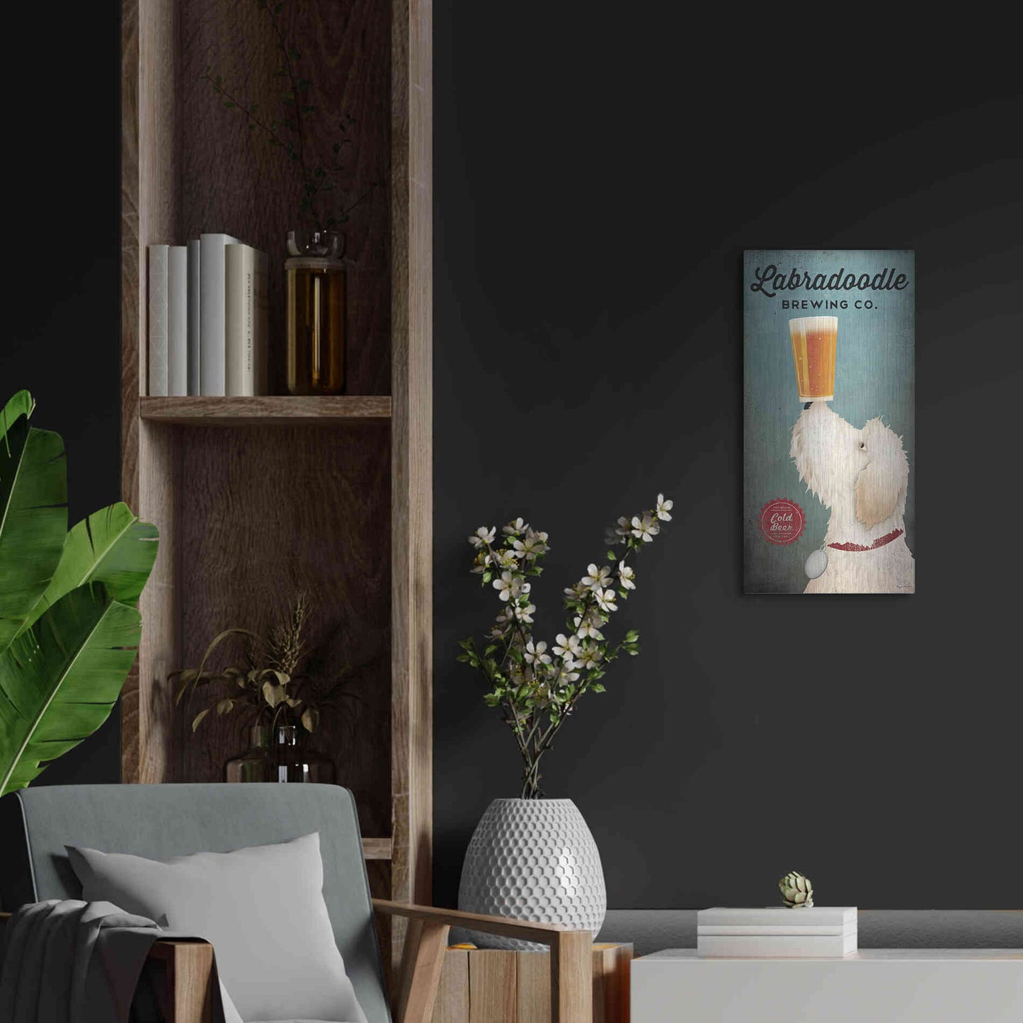 Luxe Metal Art 'Labradoodle Brewing' by Ryan Fowler, Metal Wall Art,12x24