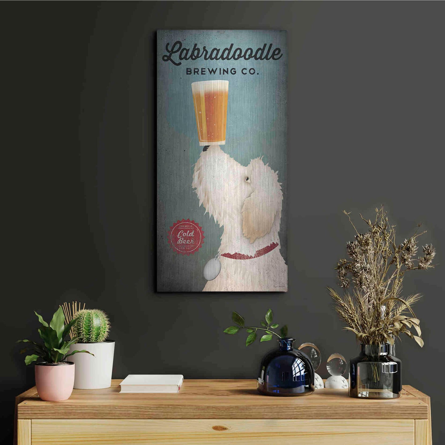 Luxe Metal Art 'Labradoodle Brewing' by Ryan Fowler, Metal Wall Art,12x24