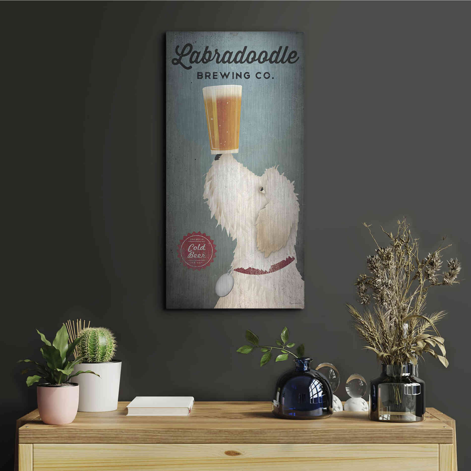 Luxe Metal Art 'Labradoodle Brewing' by Ryan Fowler, Metal Wall Art,12x24
