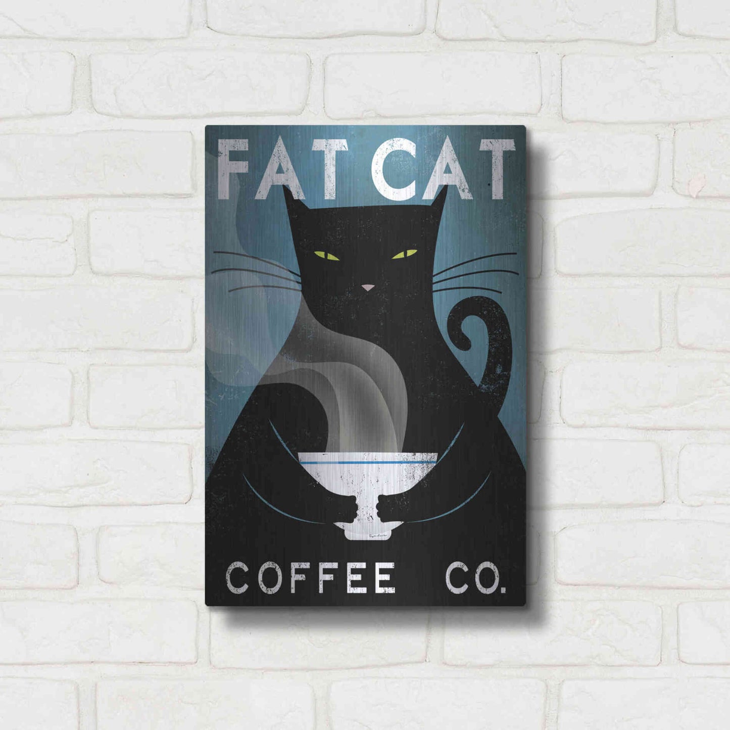 Luxe Metal Art 'Cat Coffee no City' by Ryan Fowler, Metal Wall Art,12x16