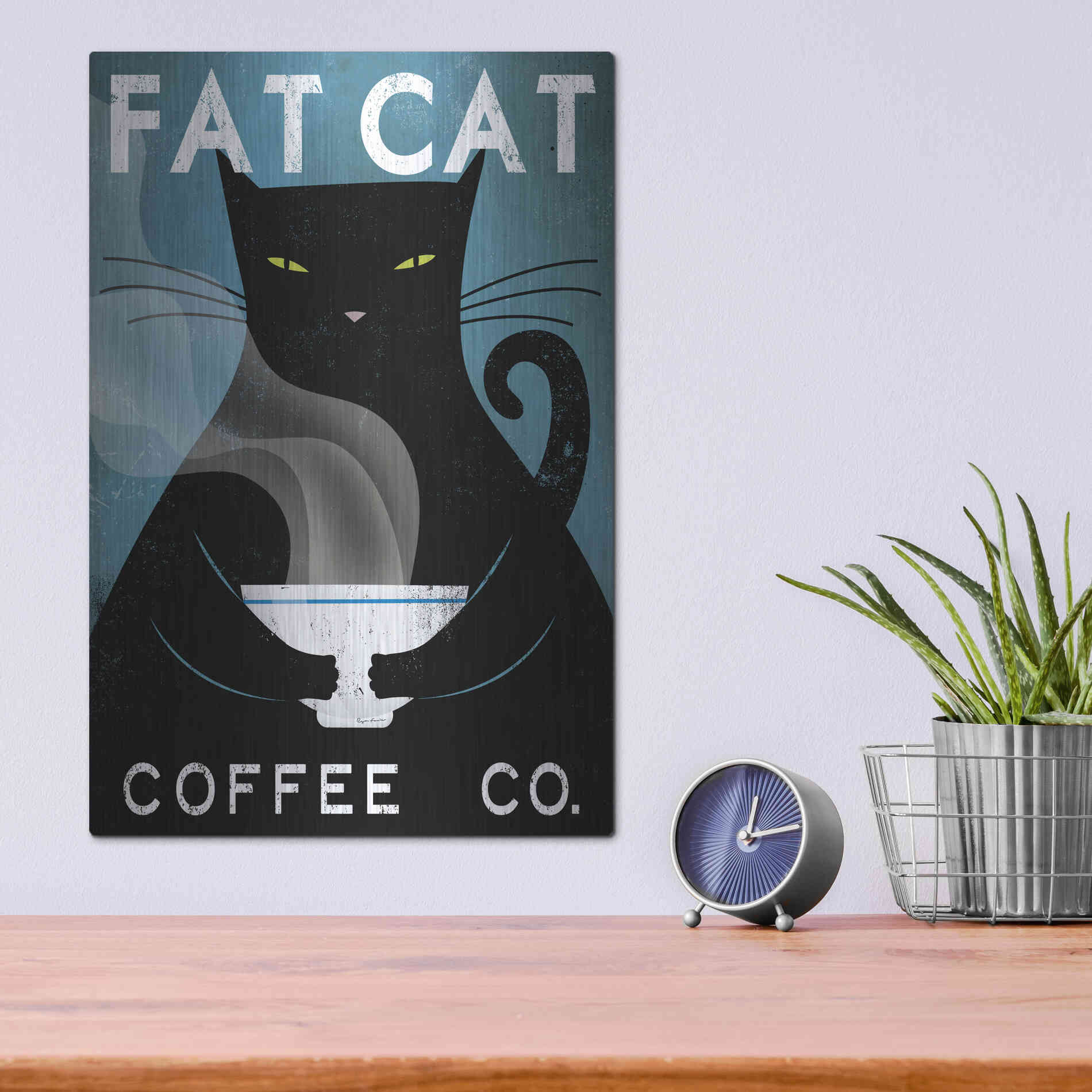 Luxe Metal Art 'Cat Coffee no City' by Ryan Fowler, Metal Wall Art,12x16