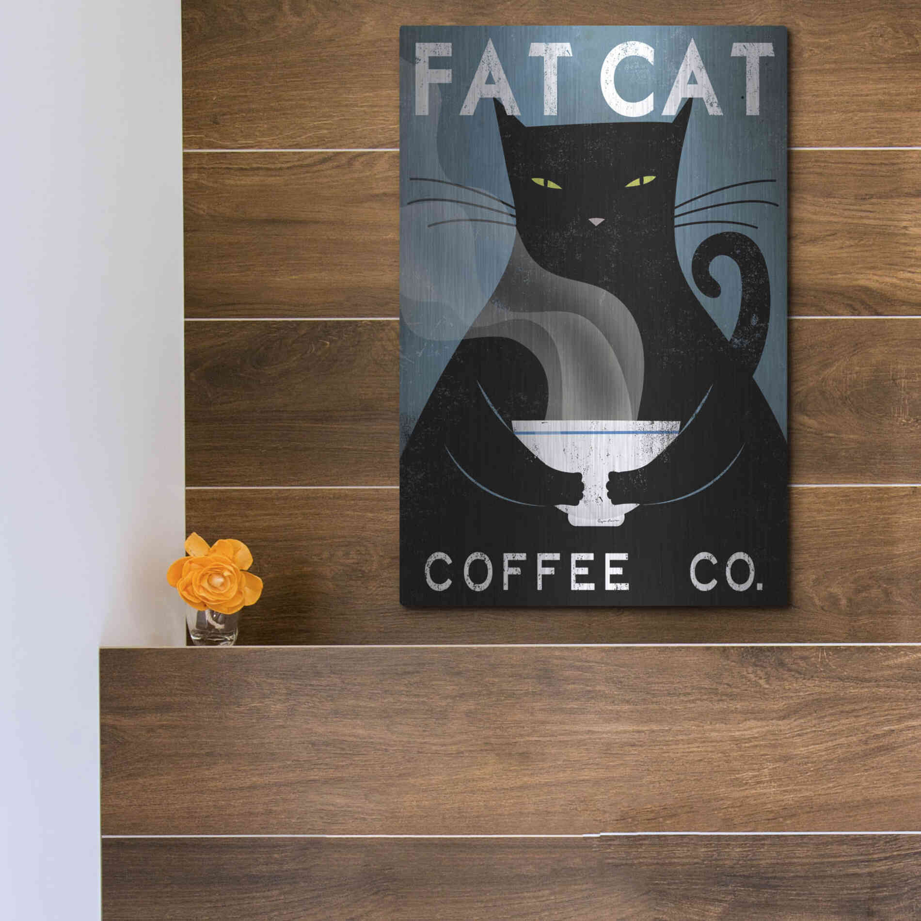 Luxe Metal Art 'Cat Coffee no City' by Ryan Fowler, Metal Wall Art,12x16