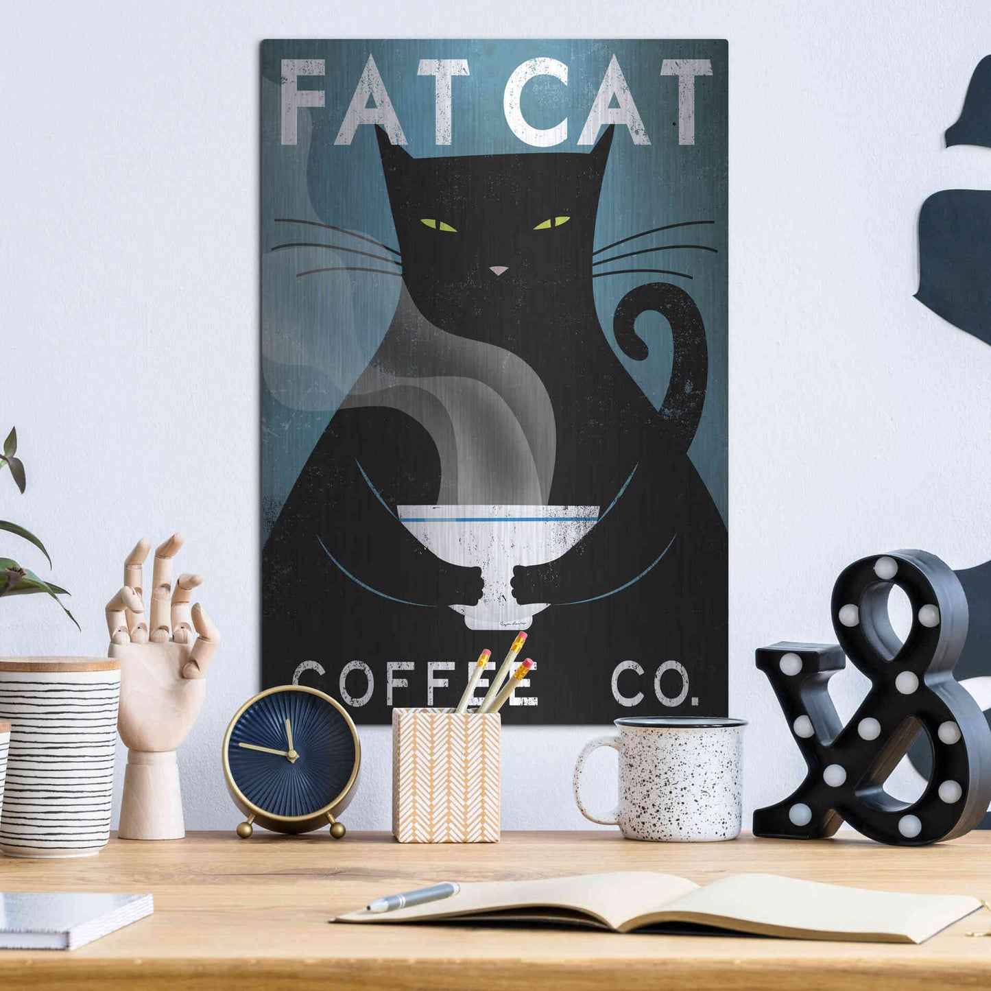 Luxe Metal Art 'Cat Coffee no City' by Ryan Fowler, Metal Wall Art,12x16