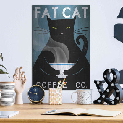 Luxe Metal Art 'Cat Coffee no City' by Ryan Fowler, Metal Wall Art,12x16