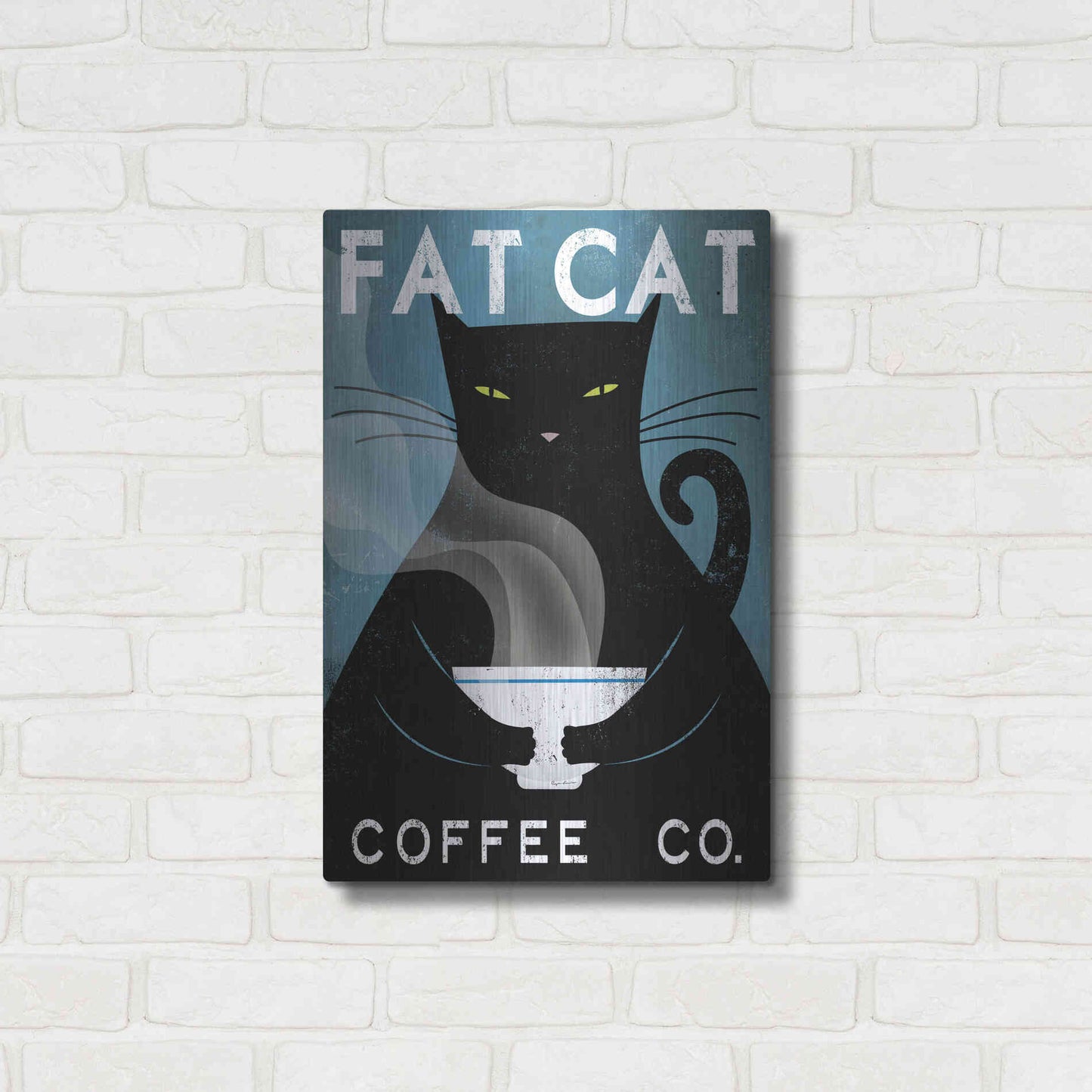 Luxe Metal Art 'Cat Coffee no City' by Ryan Fowler, Metal Wall Art,16x24